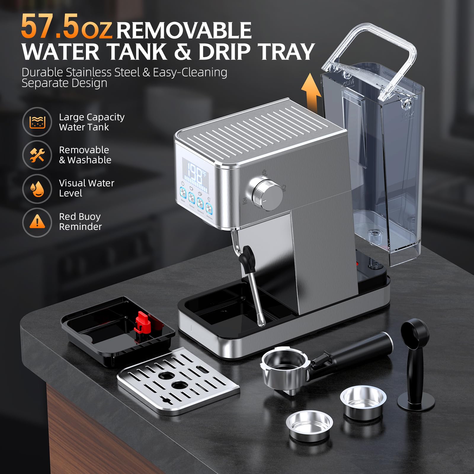 Premium 20Bar Stainless Steel Espresso Machine with Milk Frother - 57.5OZ Removable Water Tank, Time & Temperature Display - Perfect for Cold Brew & Cappuccino at Home or Office - Silver