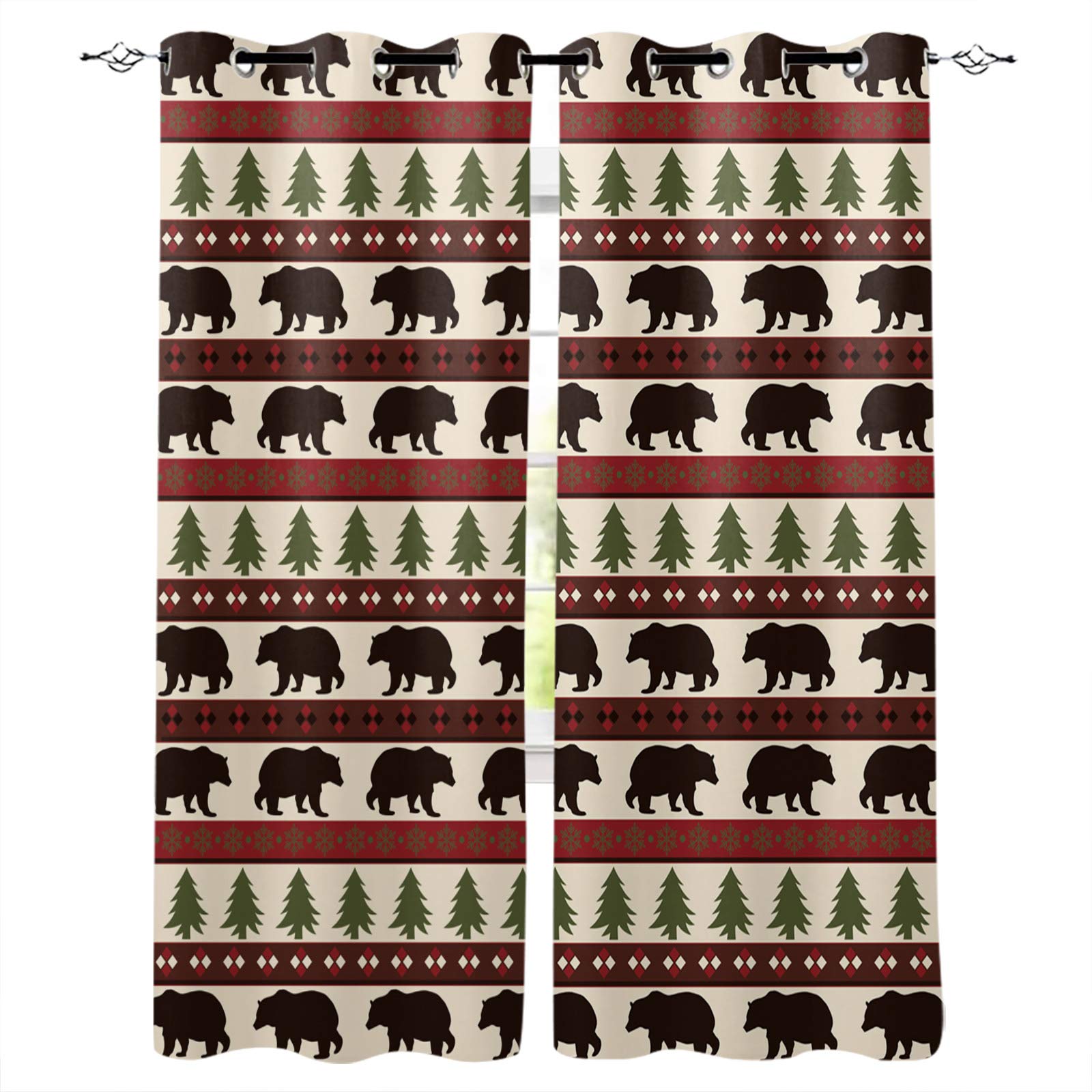 Blackout Curtains for Bedroom & Living Room - Thermal Insulated Room Darkening Drapes with Christmas Tree Bear Red Striped Design, 63 Inch Length - Perfect for Sliding Glass Doors, Home Theater, and Night Shift Sleepers