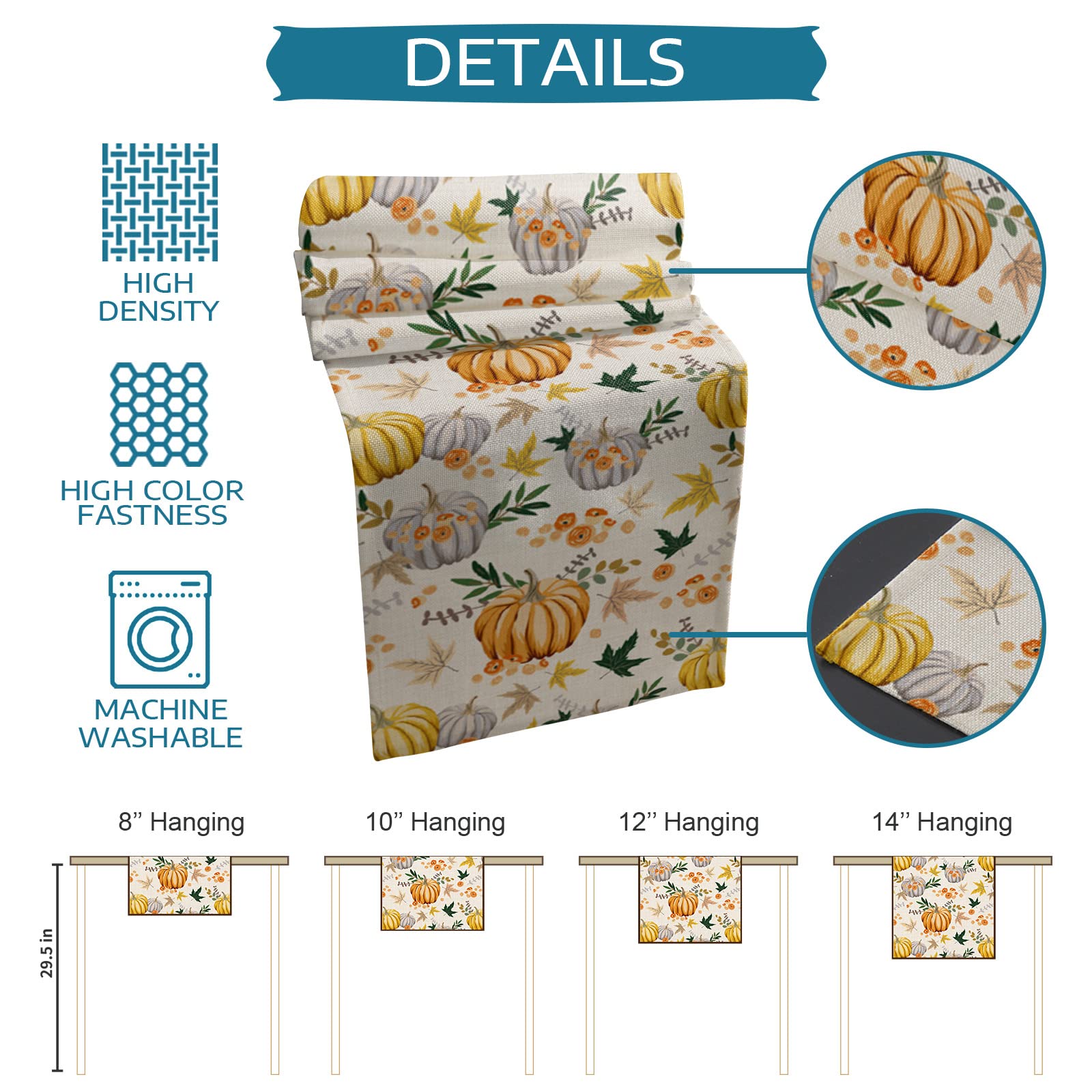 72 Inch Cotton Linen Table Runner - Thanksgiving & Fall Farmhouse Decor for Dining Table, Coffee Table, Dresser | Rustic Burlap with Pumpkin & Maple Leaf Design | Perfect for Wedding, Party & Home Decoration