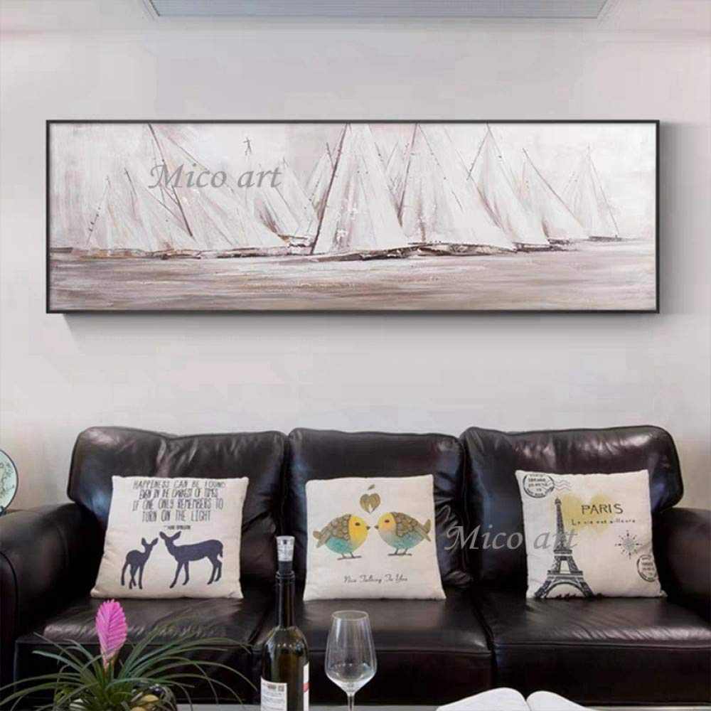 Hand-Painted White Boats Landscape Abstract Oil Painting on Canvas - Modern Wall Art for Living Room, Bedroom, Kitchen Decor - 28x56 Inch Unframed Poster Picture - Perfect for Coastal, Nautical or Minimalist Home Styling
