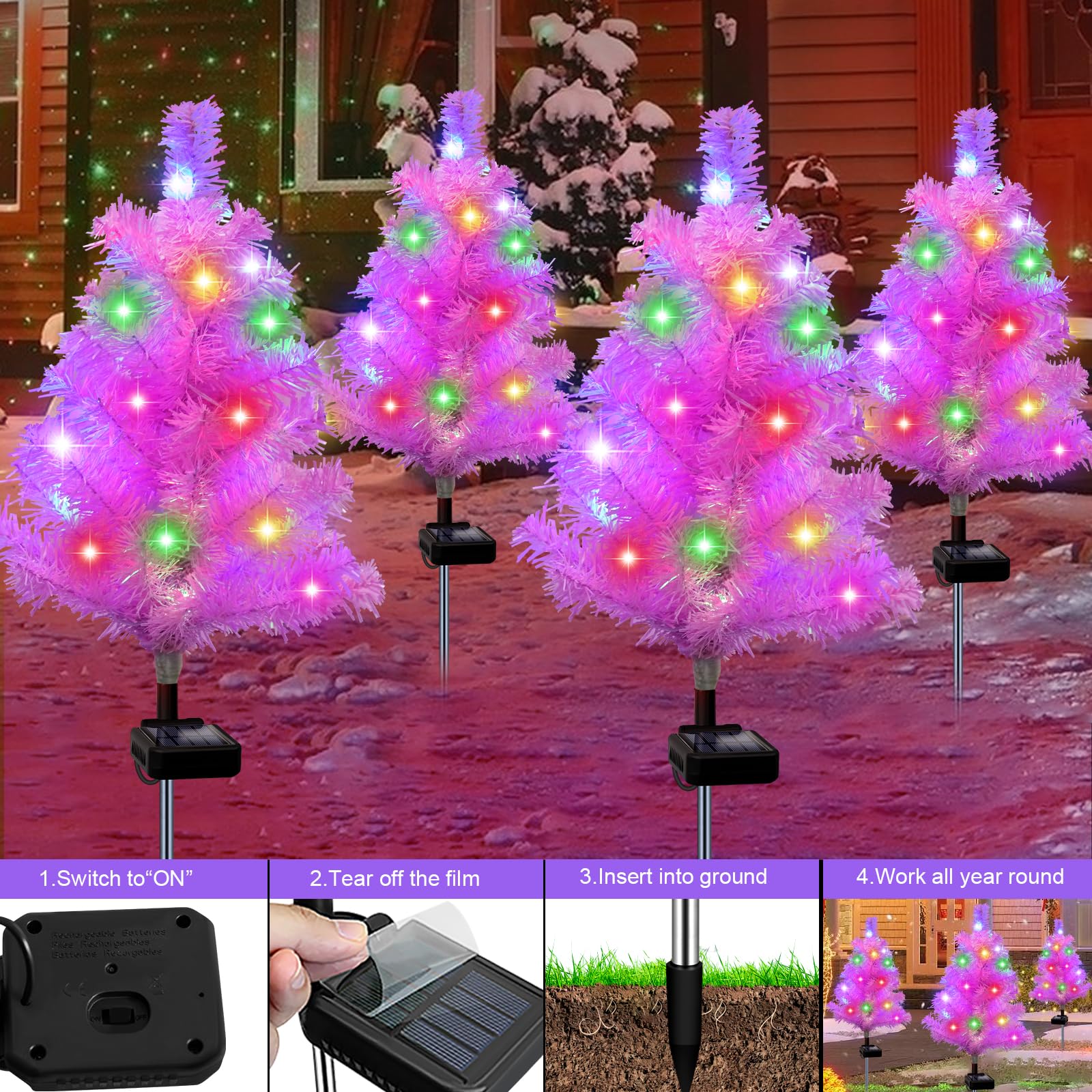 4 Pack Solar Christmas Tree Lights - Pink Waterproof Outdoor Garden Stake Lights for Pathway, Patio & Yard Decor | Perfect for Holiday, Christmas & Winter Decorations