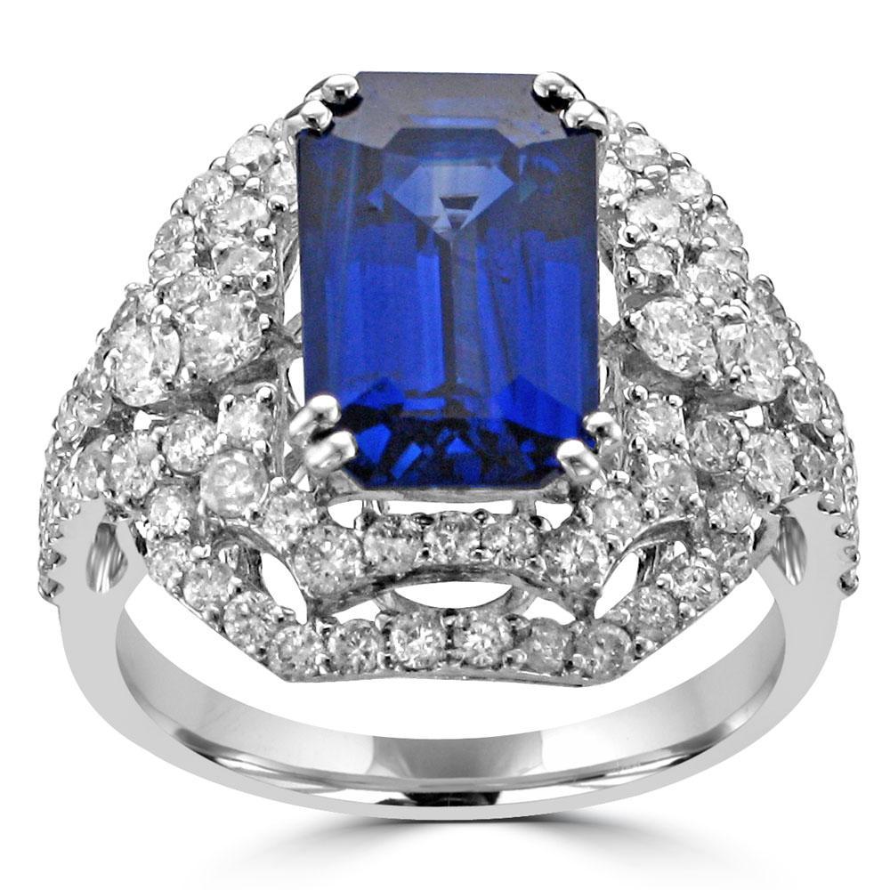18KT White Gold 4.66 Carat Emerald Cut Sapphire & 1.36 CTW Diamond Engagement Ring for Women - Perfect for Weddings, Anniversaries & Special Occasions