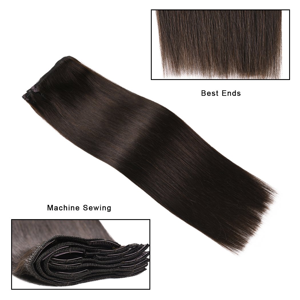 Premium Clip-in Human Hair Extensions Dark Brown #2 (14 Inch, 8 Pieces, 92g) - Thick Double Weft Remy Hair for Women - Perfect for Short Hair Styling, Volume Boost & Everyday Glam