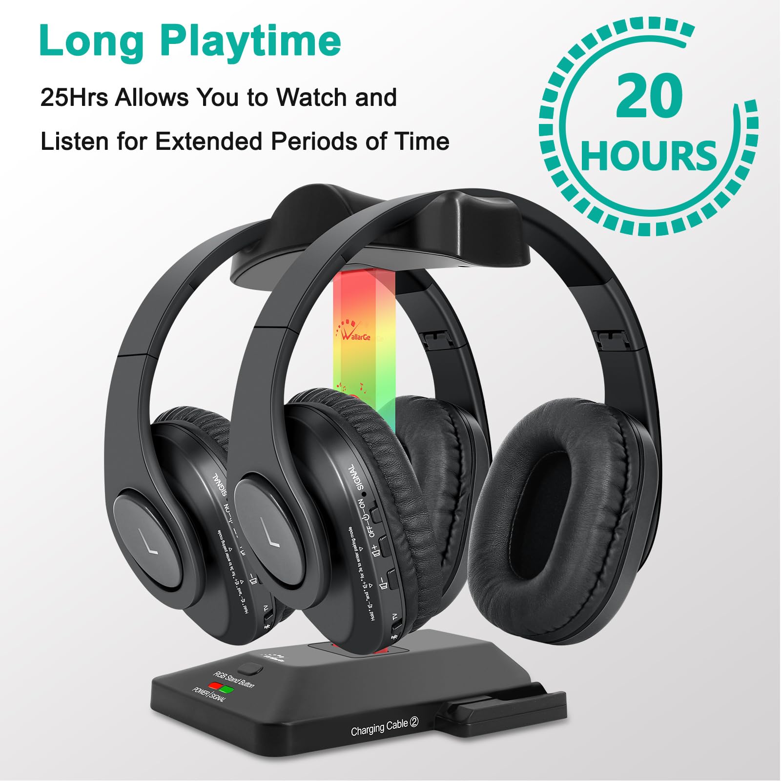 WallarGe Dual Wireless Headphones for TV Watching - RF Transmitter & Bluetooth Over-Ear Headset for Seniors, No Lip-Sync Delay, Plug & Play (Set of 2) - Perfect for Late-Night Viewing & Hearing Assistance