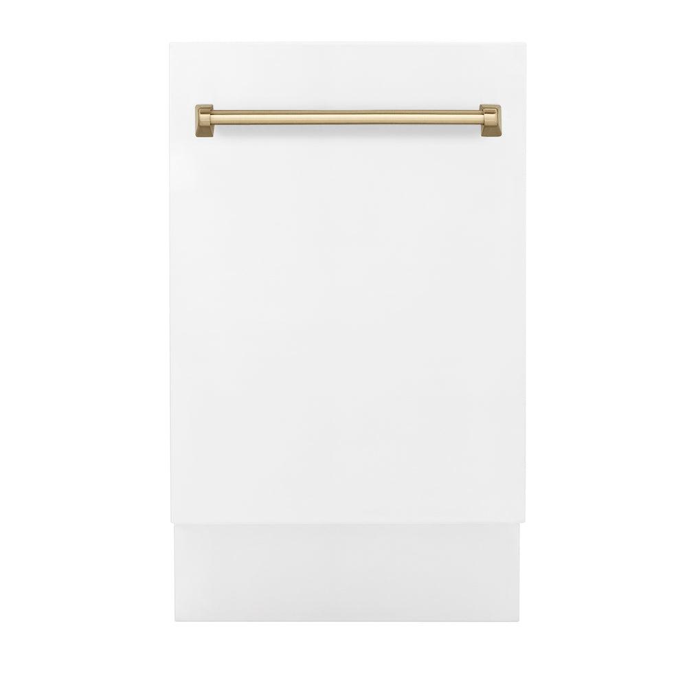 ZLINE Autograph Edition 18-Inch Compact Dishwasher with 3rd Rack - White Matte Finish & Champagne Bronze Handle, Ultra Quiet 51dBa (DWVZ WM 18 CB) - Perfect for Small Kitchens, Apartments, and RVs