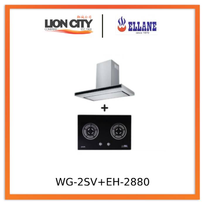 Ellane EH 2880 90cm Touch Control Stainless Steel Range Hood with Ellane WG 2SV 80cm 2-Burner Glass Gas Cooktop - Modern Kitchen Ventilation & Cooking Solution for Home Chefs