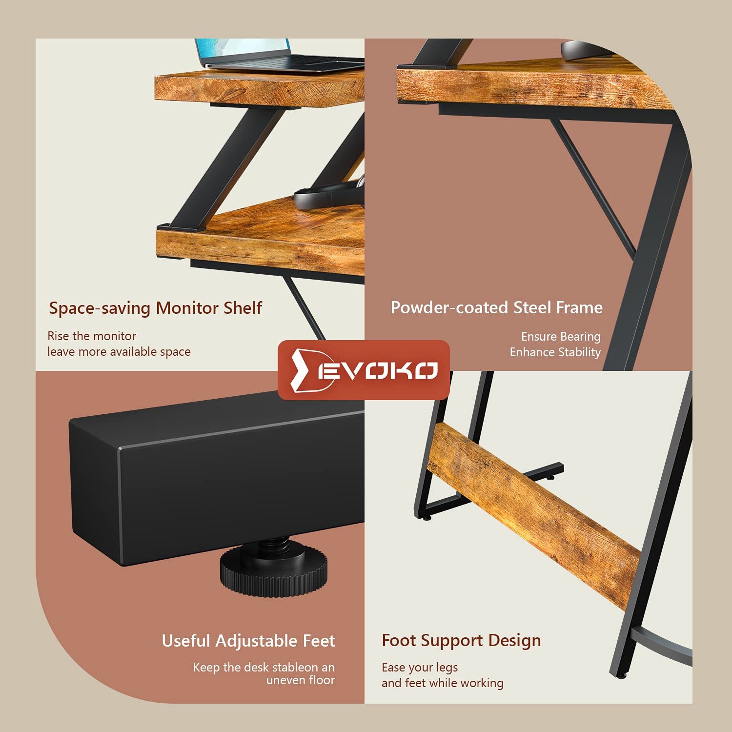 Devoko 51” L-Shaped Gaming Desk - Corner Computer Desk with Monitor Stand, Home Office Workstation for Small Spaces, Rustic Brown - Perfect for Gaming, Studying & Remote Work