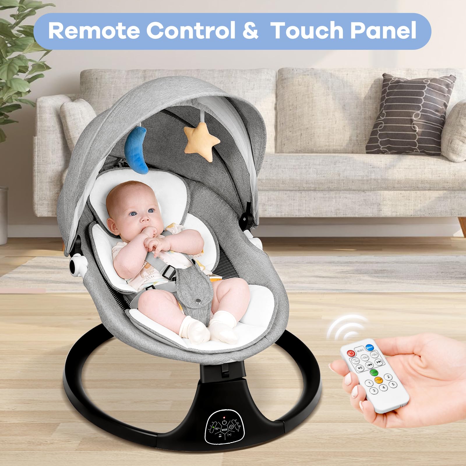 Electric Baby Swing for Infants - 5 Speed Adjustable Rocker with 10 Soothing Lullabies, Remote Control, AC Adapter & Battery Powered (Gray) - Perfect for Nursery, Living Room, Backyard & Travel Use