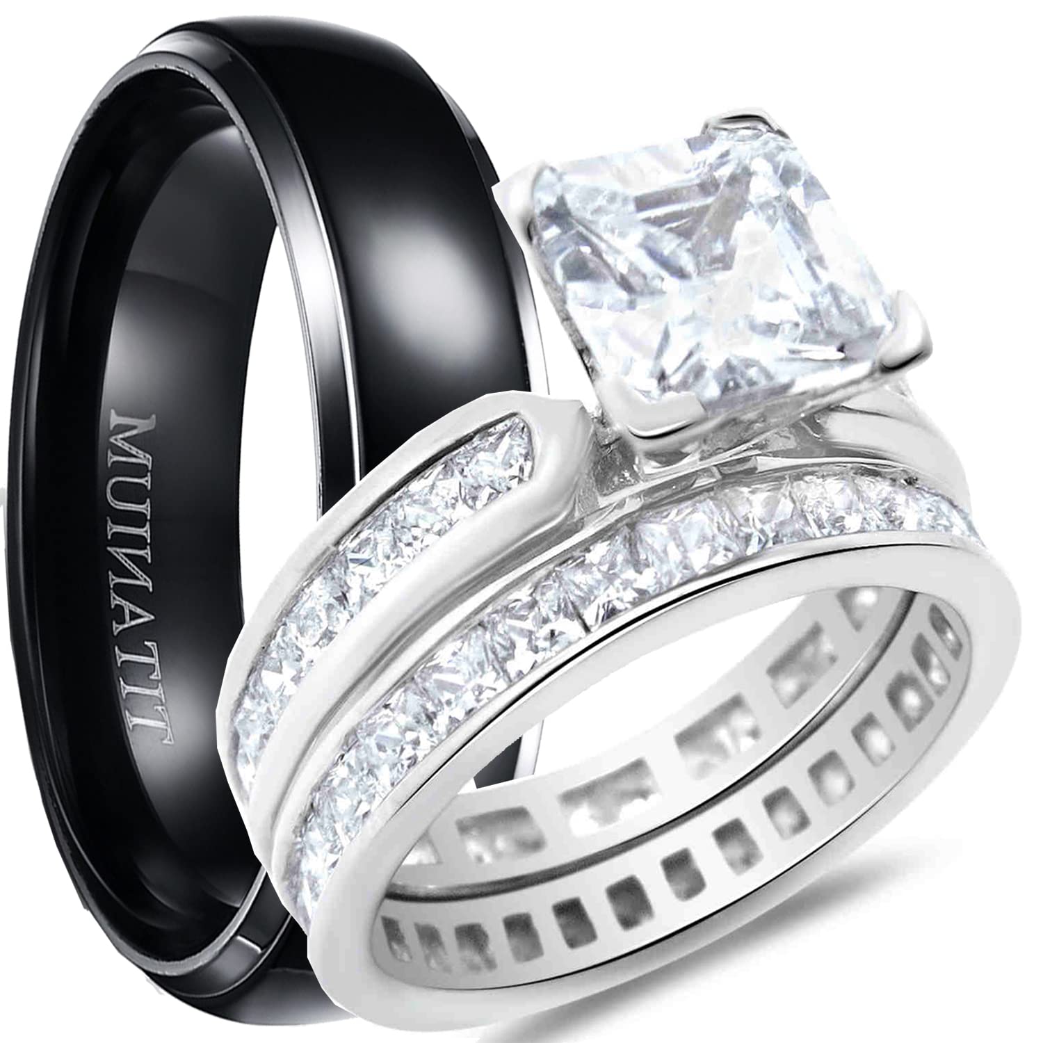 His & Hers TRIO Wedding Ring Set - 3 Piece Matching Wedding Bands for Bride & Groom - Perfect for Anniversaries, Engagements & Couple Jewelry Gifts