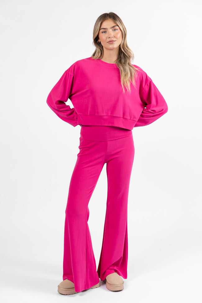 Dream Pink Foldover Band Super Soft Flare Pants for Women | Comfortable High-Waisted Lounge & Yoga Pants | Perfect for Home, Workout, and Casual Wear