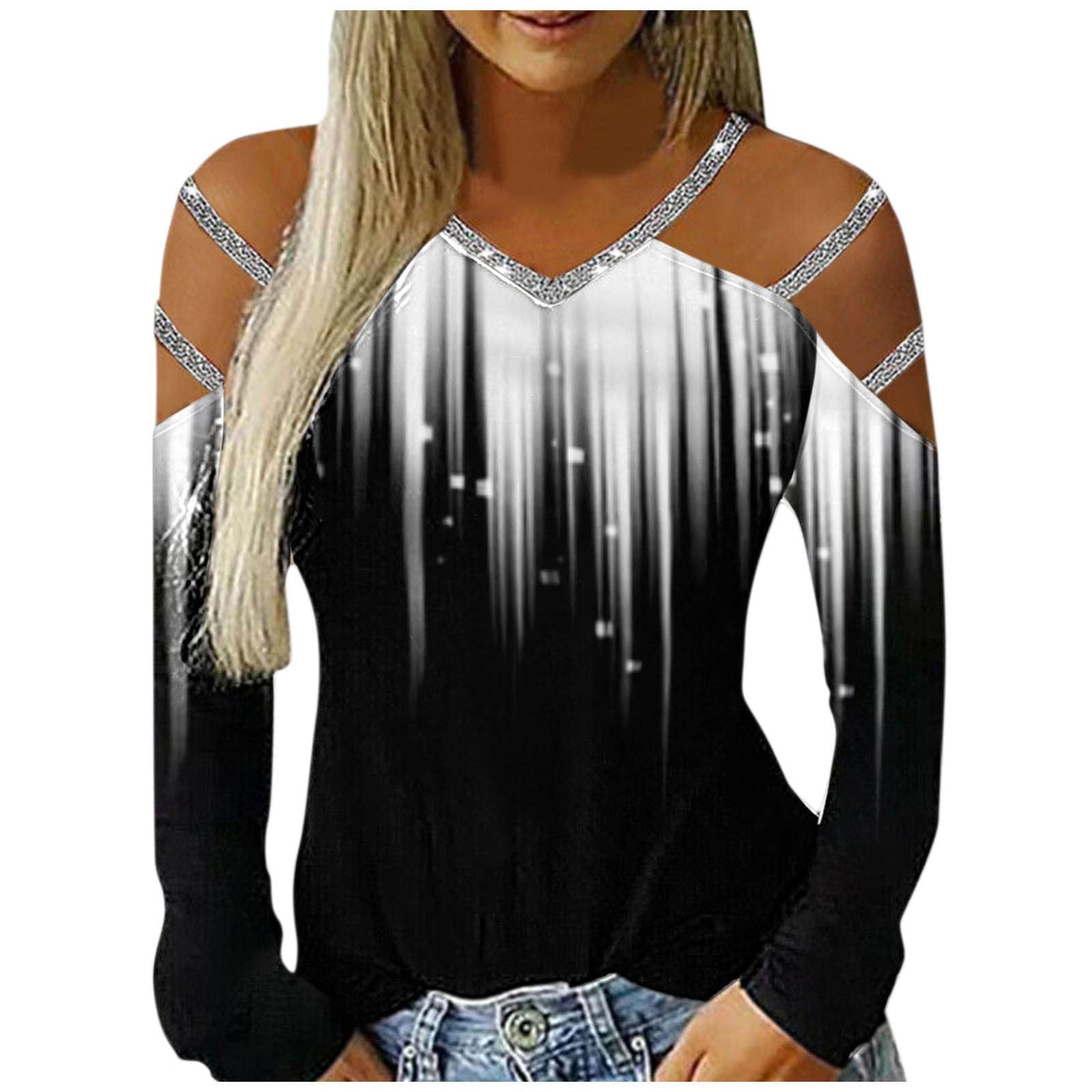 Women's Sexy Floral Print Cold Shoulder Long Sleeve V-Neck T-Shirt Blouse - Trendy Casual Top for Date Night, Party & Everyday Wear