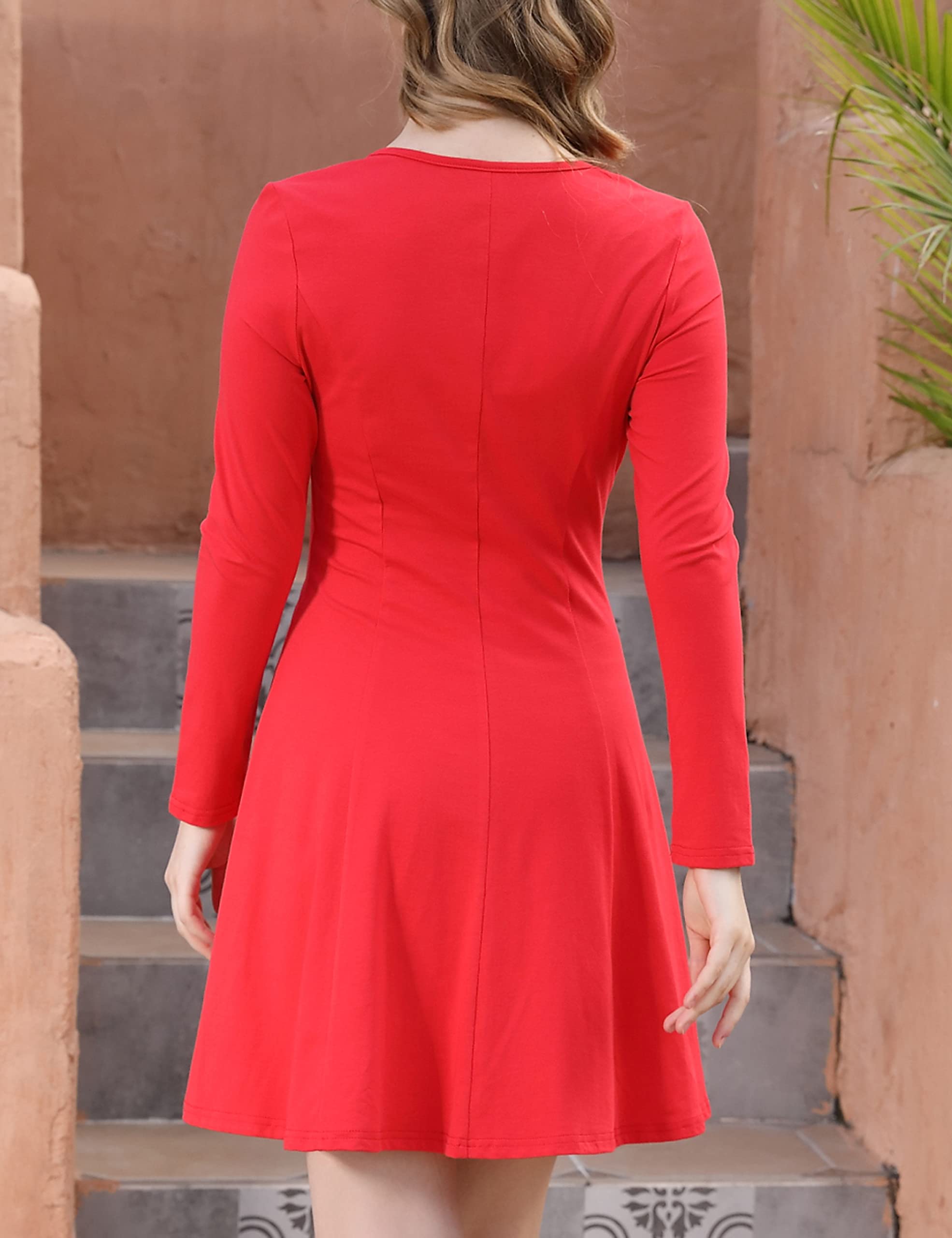 Aphratti Women's Long Sleeve Spring Dresses - Casual Crew Neck A-Line Fit and Flare Skater Dress for Daily Wear, Office, Dating & Special Occasions