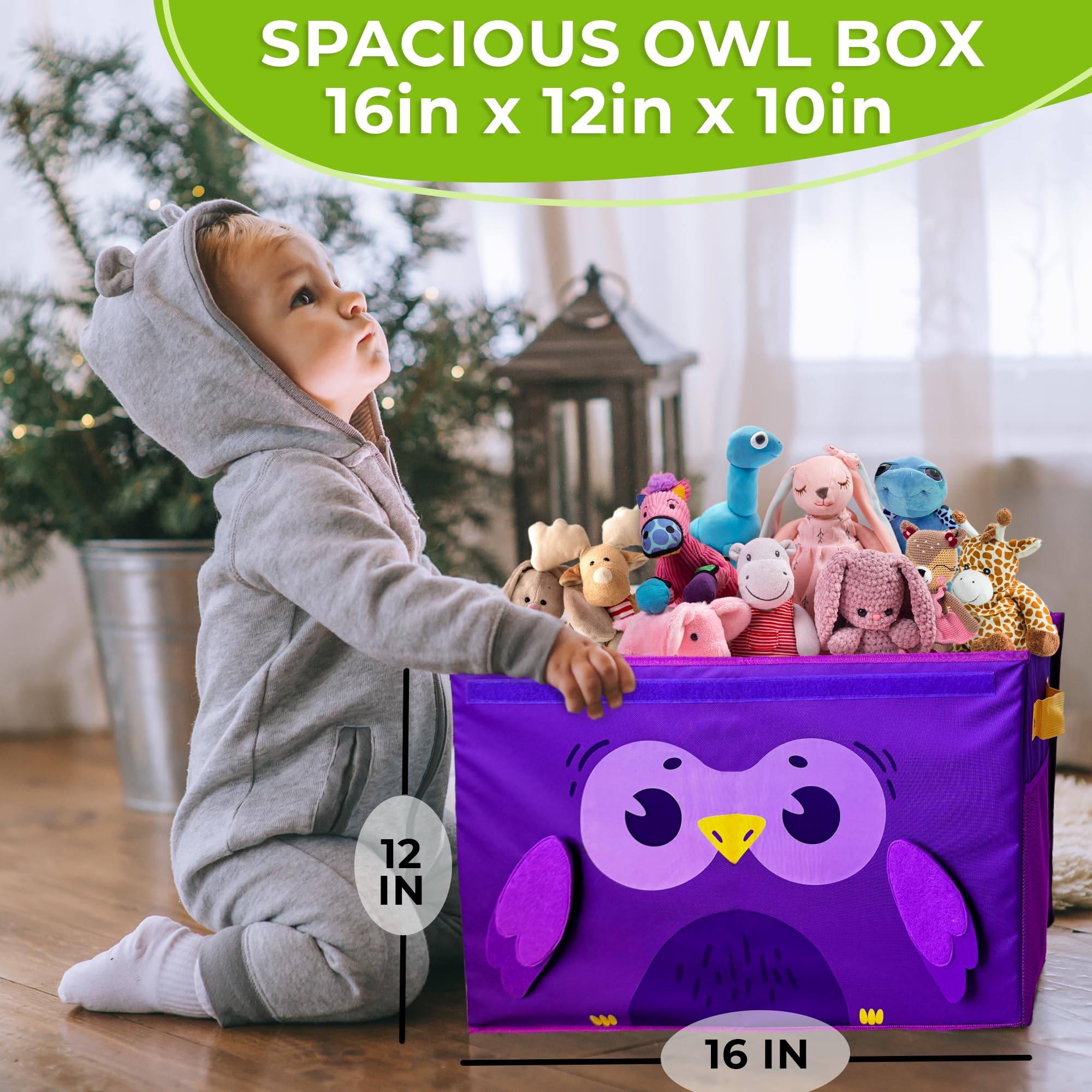 QUOKKA 16x12x10 Inch Owl Toy Storage Box - Collapsible Fabric Toy Chest with Handles & Flip-Top Lid for Kids Playroom & Nursery Organization | Perfect for Stuffed Animals, LEGO Blocks & Kids Toys Storage