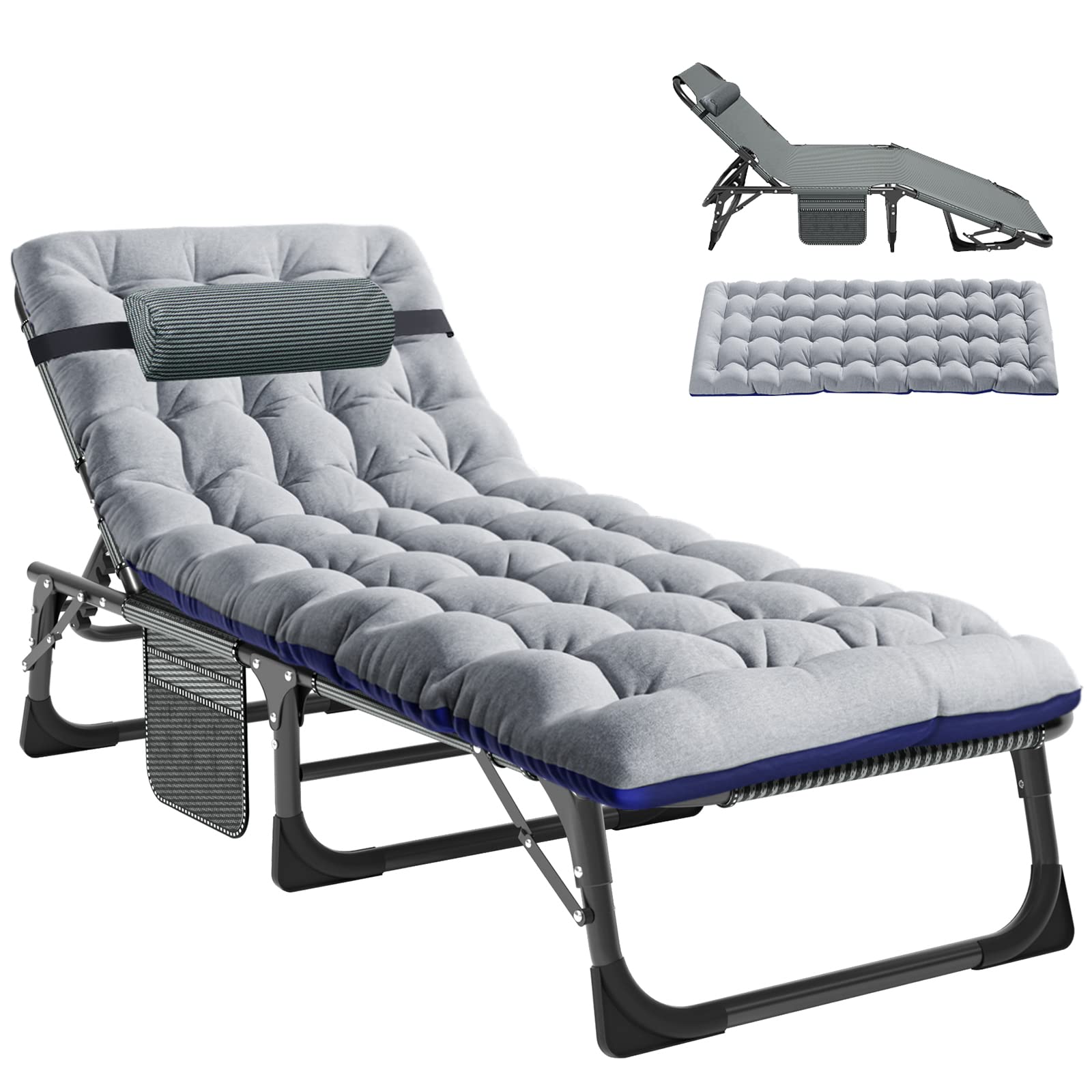 Portable Folding Cot for Adults - 4-Fold Reclining Chaise Lounge with Pillow - Lightweight Camping Bed for Beach, Lawn, Poolside & Outdoor Relaxation - Perfect for Sunbathing, Camping Trips and Backyard Lounging