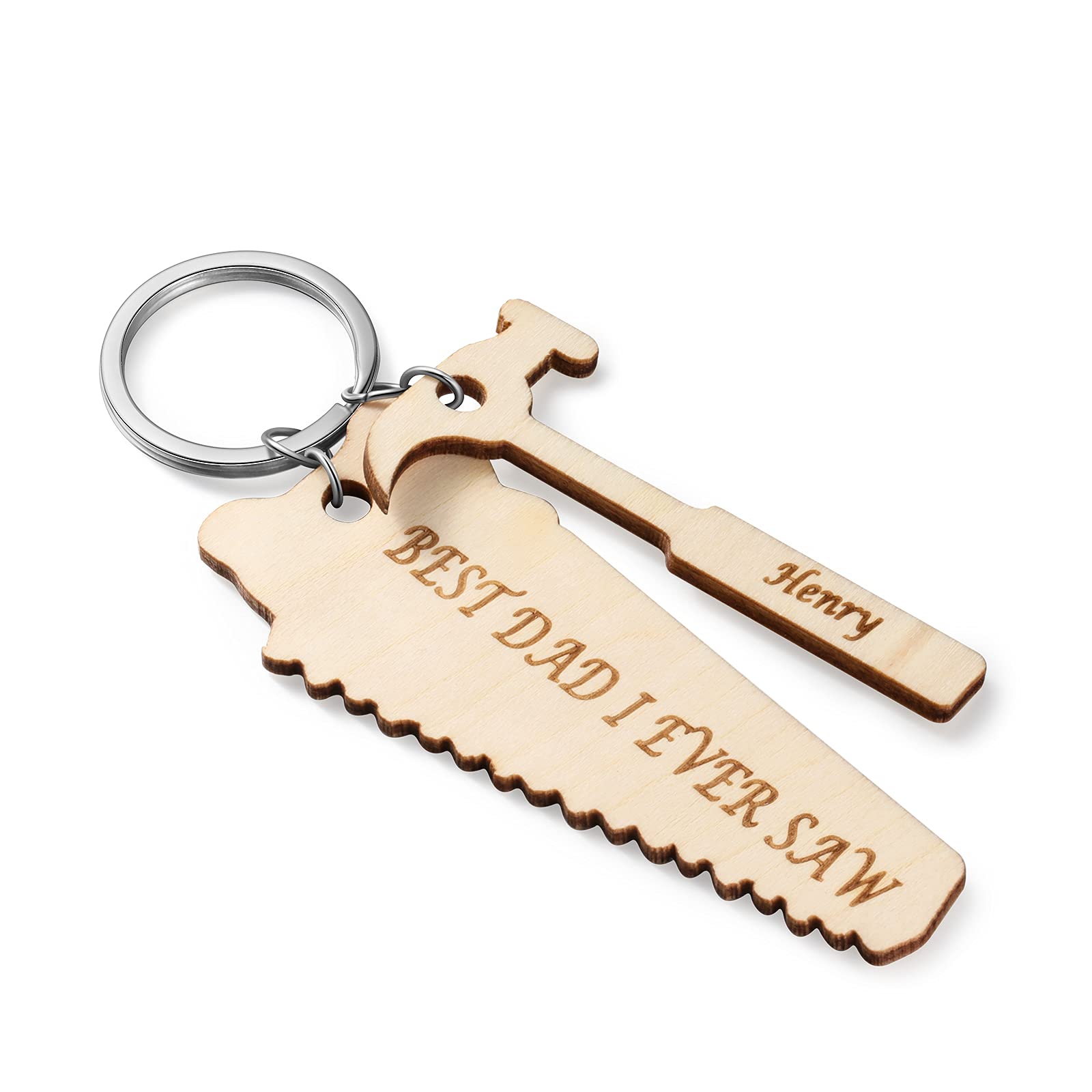 Custom Engraved Wood Keychain - Personalized Saw & Hammer Shape with 1-6 Names - Unique Father's Day Gift for Dad - Perfect for DIY Enthusiasts, Handymen & Tool Lovers