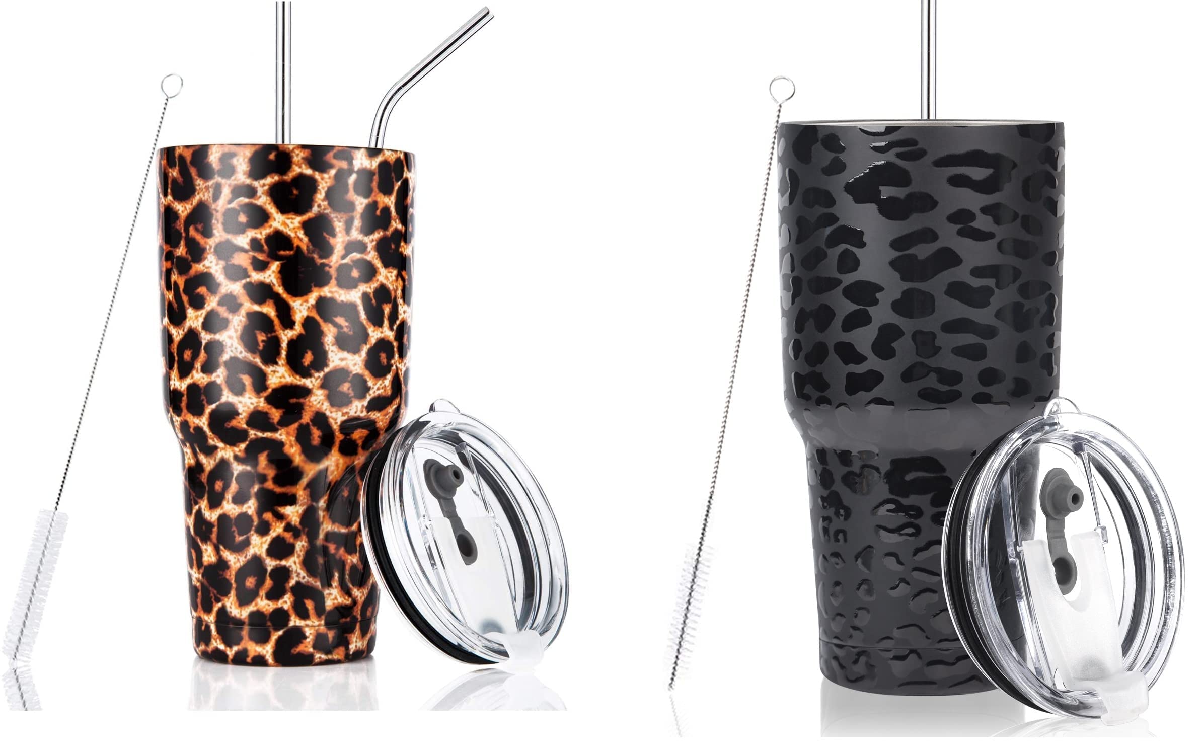30oz Leopard Print Stainless Steel Tumbler with Straw & Cleaning Brush - Insulated Travel Mug for Hot & Cold Drinks - Perfect for Gym, Office, Hiking and Outdoor Activities