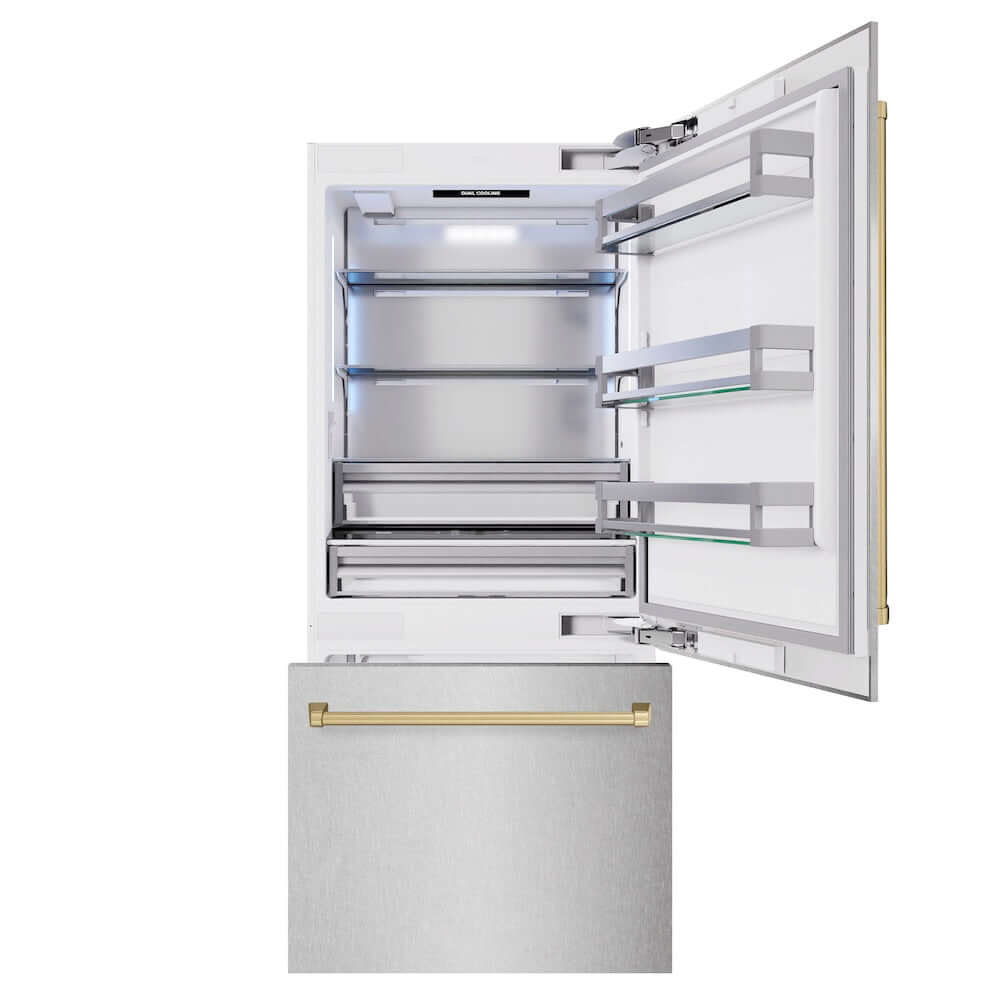ZLINE Autograph Edition 36 Inch Built-In Bottom Freezer Refrigerator - 19.8 cu ft Capacity, Water Dispenser & Ice Maker - Satin Stainless Steel with Champagne Bronze Accents (RBITZ SN 36 CB) - Perfect for Modern Kitchens & Open Concept Homes