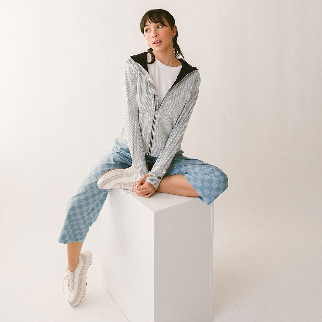 Audrey Wide Leg Pants - Blue Checker Print High Waist Palazzo Trousers for Women | Office Wear, Casual Outfits & Summer Fashion