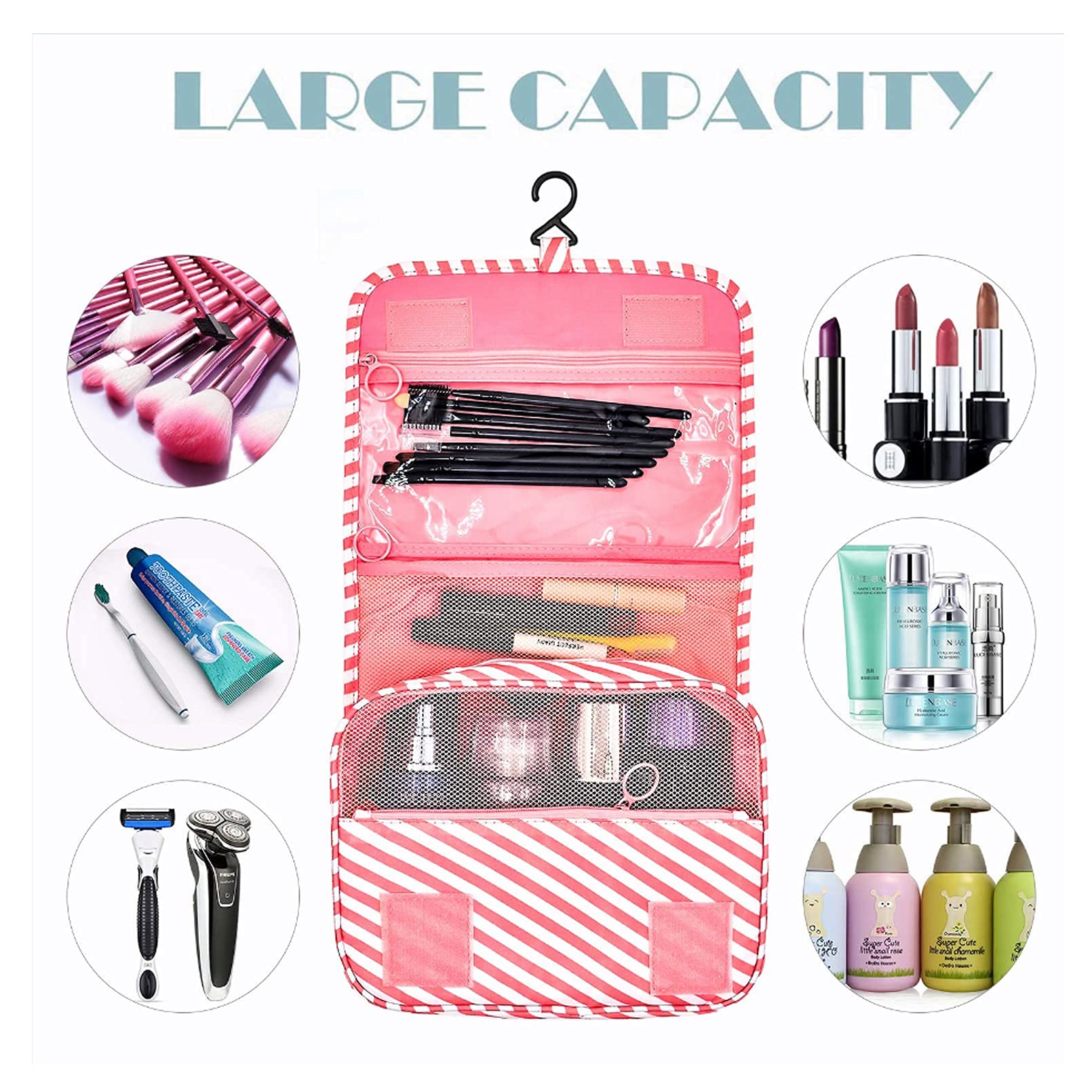 Premium Hanging Toiletry Bag for Women - Waterproof Travel Makeup Organizer with Hook, Cosmetic & Shower Bag for Bathroom Essentials (Pink Stripes) | Ideal for Travel, Gym, Camping & Daily Use