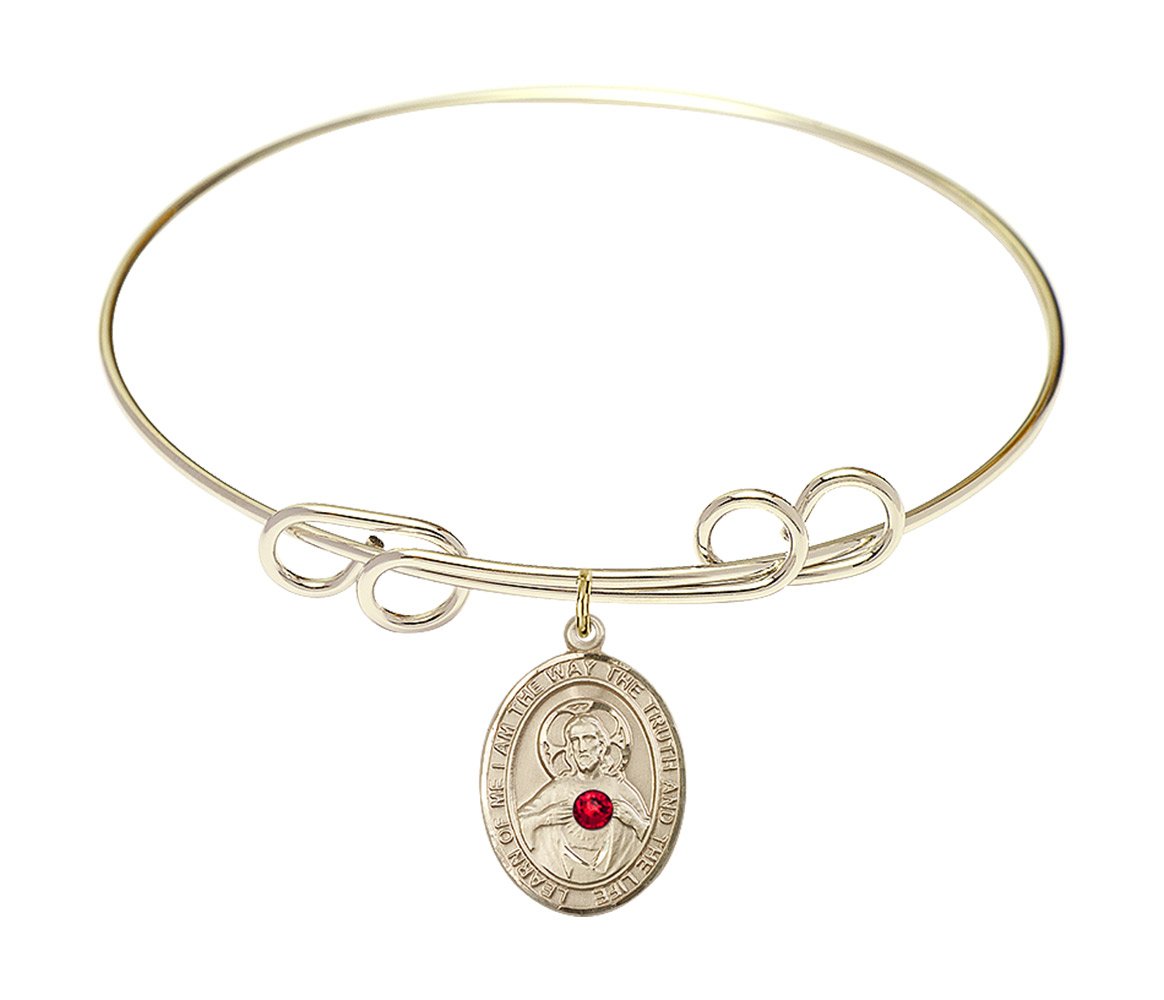 8 Inch Round Double Loop Bangle Bracelet with Scapular Medal Charm & July Red Crystal - Elegant Religious Jewelry for Women, Perfect for Church, Weddings, and Special Occasions