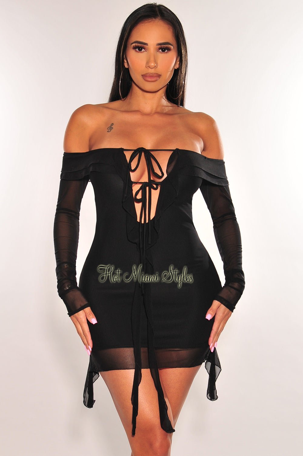 Black Mesh Off Shoulder Tie Up Long Sleeve Ruffle Mini Dress for Women - Sexy Party Clubwear & Evening Cocktail Dress