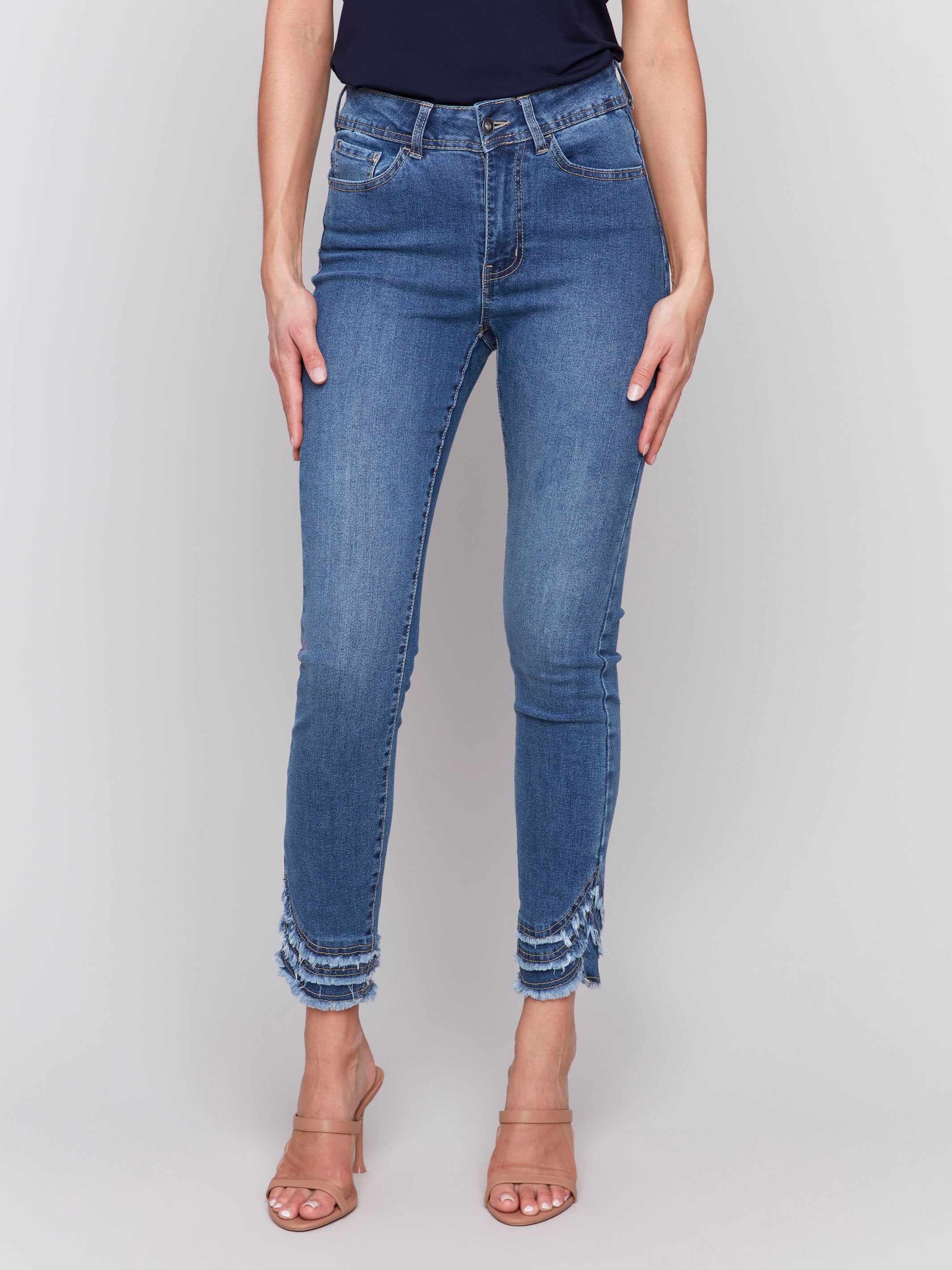 Distressed Frayed Hem Denim Jeans for Women - Medium Blue Washed Vintage Style - Perfect for Casual Outfits, Streetwear & Boho Fashion
