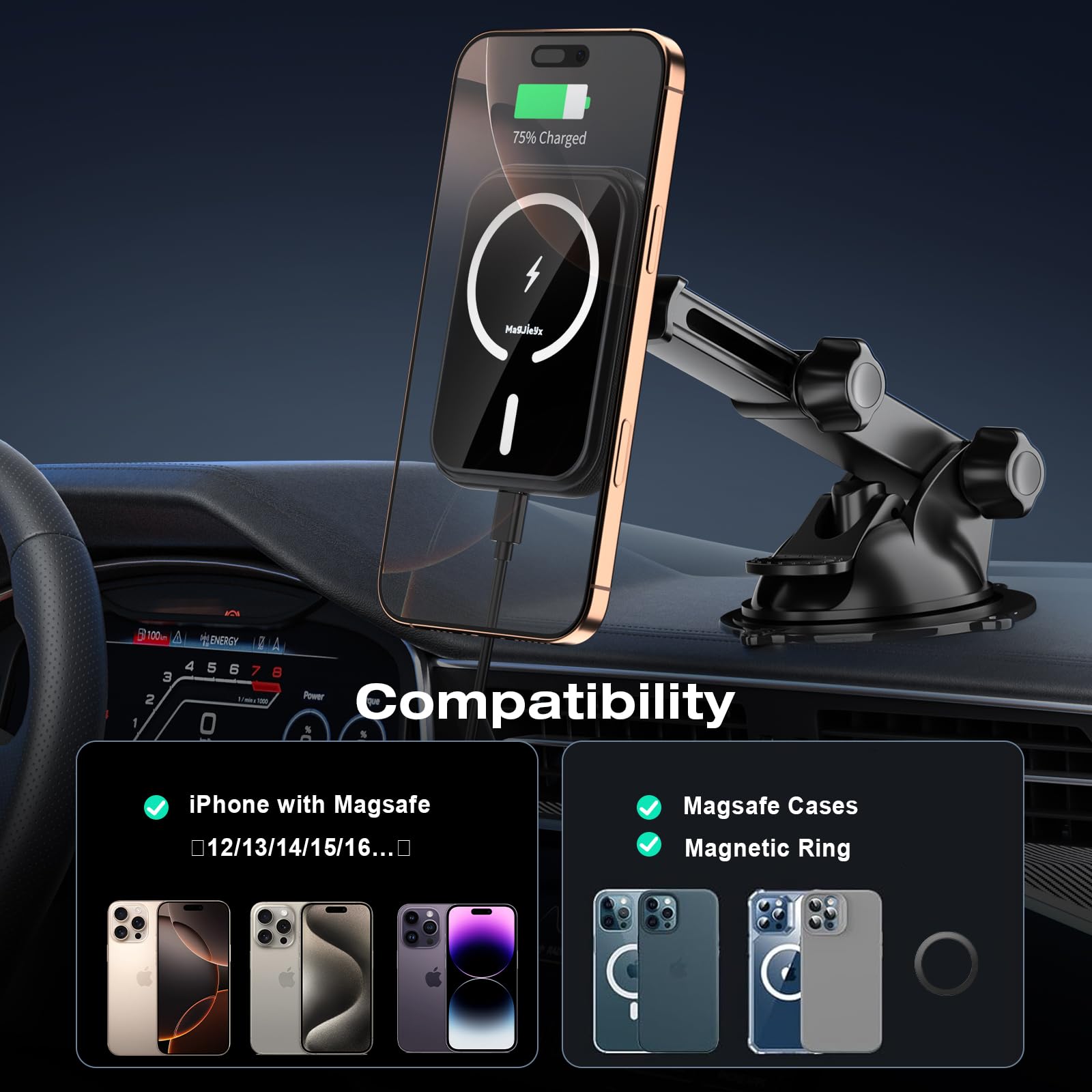 Magnetic Wireless Car Mount Charger for iPhone 16/15/14/13/12 Pro Max Plus - 15W Fast MagSafe Charging Phone Holder - Compatible with MagSafe Case - Dashboard, Windshield, Air Vent & Desk Mount - Stable on Bumpy Roads - Perfect for Commuting, Road Trips & Hands-Free Navigation
