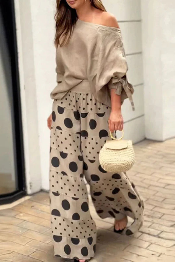 Stylish Tie Cuff Loose Top & Polka Dot Print Pocket Wide Leg Pants Set - Women's Casual Outfit for Work, Date Night & Summer Fashion