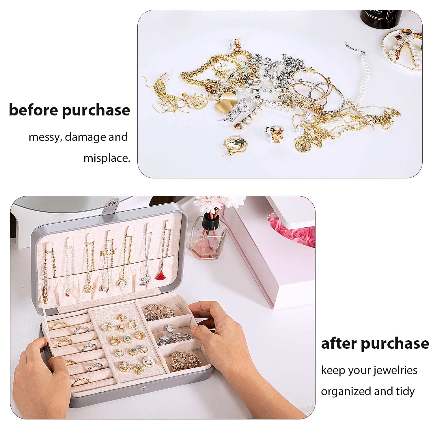 KCY Women's Travel Jewelry Organizer Box - PU Leather Portable Jewelry Case for Earrings, Necklaces, Rings & Bracelets - Compact Jewelry Storage Display Holder - Perfect Gift for Women & Girls (Grey) - Ideal for Travel, Home Organization & Daily Jewelry Protection