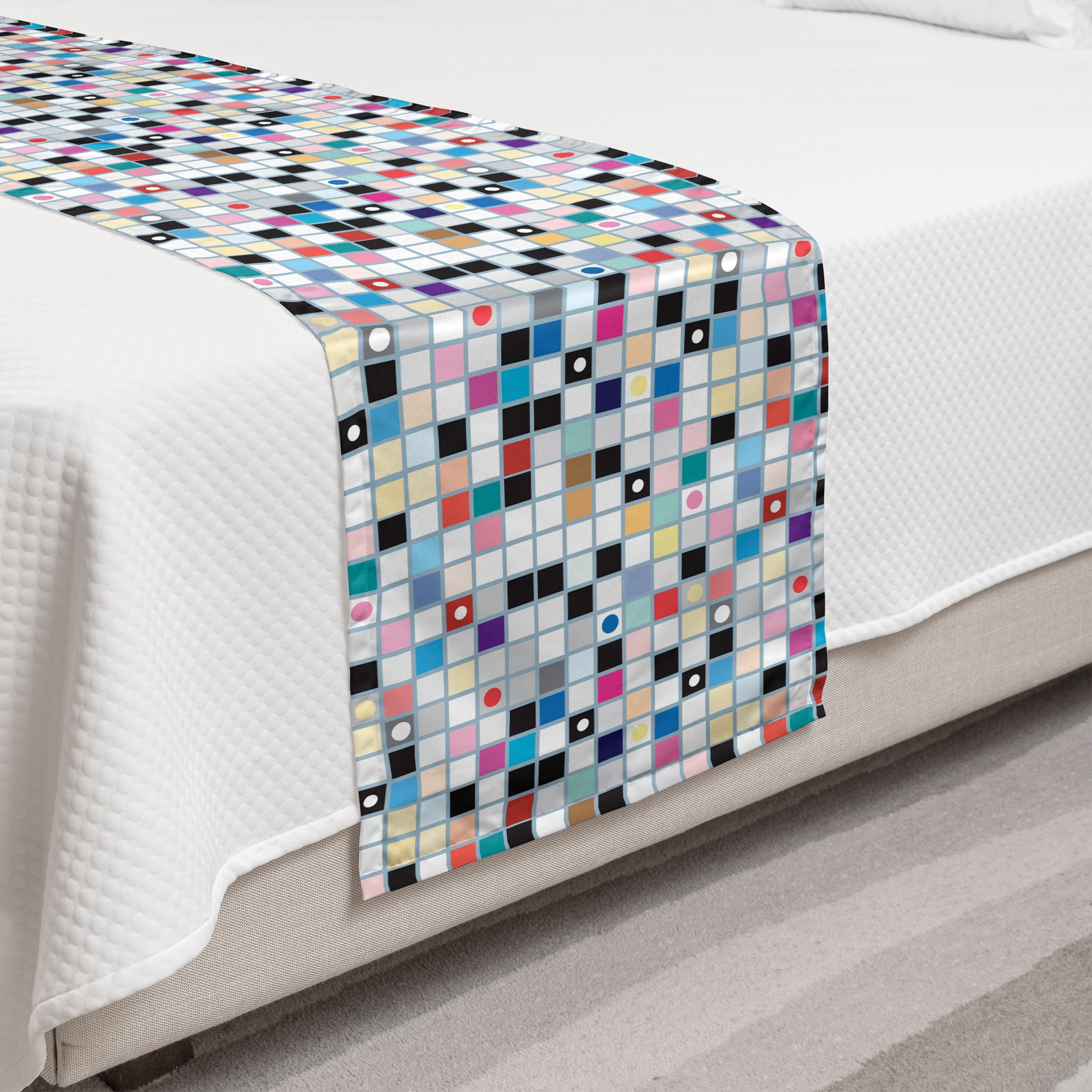 Ambesonne Checkered Grid Bed Runner - Colorful Geometric Squares & Dots Pattern Decorative Accent Bed Scarf for Hotels, Homes & Guestrooms | Perfect for Queen & King Size Beds, Sofa Decor, and Wedding Decorations