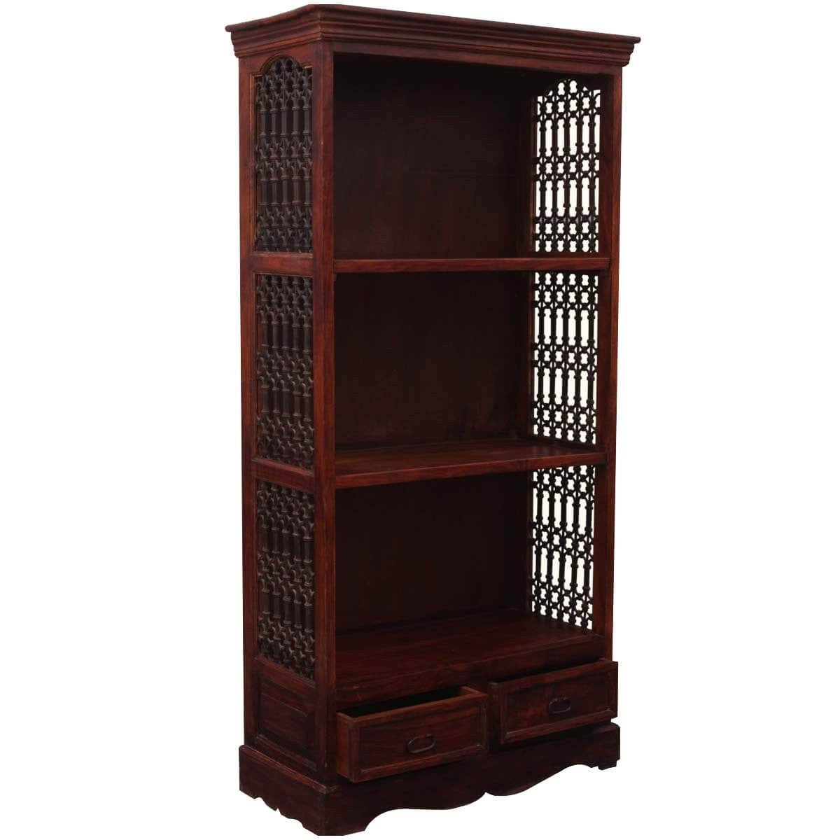 Rustic Solid Wood Office Bookcase with 3 Open Shelves and Drawers - Perfect for Home Office, Study Room, and Library Storage