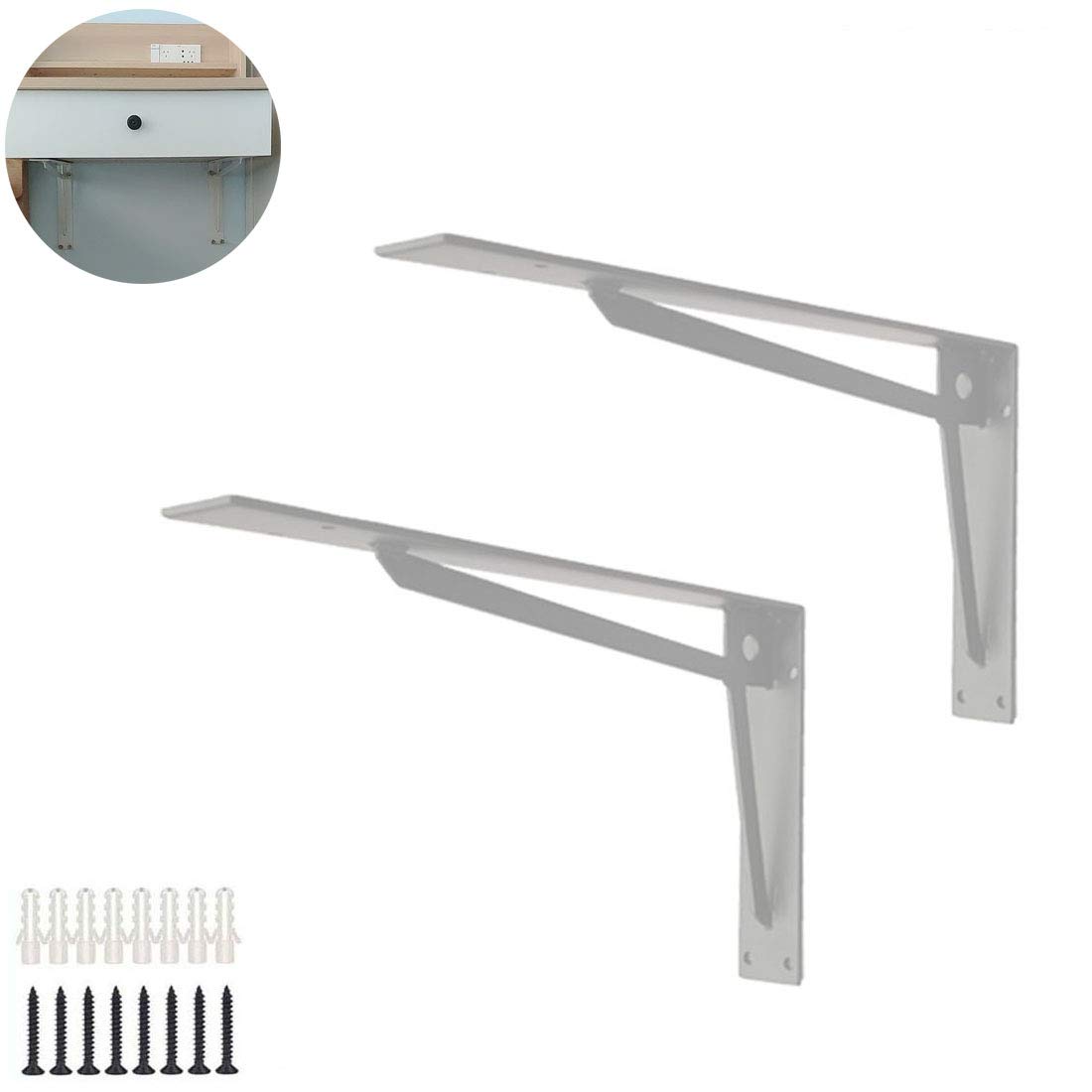 Heavy Duty Shelf Brackets - 17.7 Inch White Metal L-Bracket for Floating Triangle Shelves, Wall Mounted Right Angle Support, Industrial Corner Brace (2 Pack) - Perfect for Garage Storage, Workshop Shelving & Home Organization