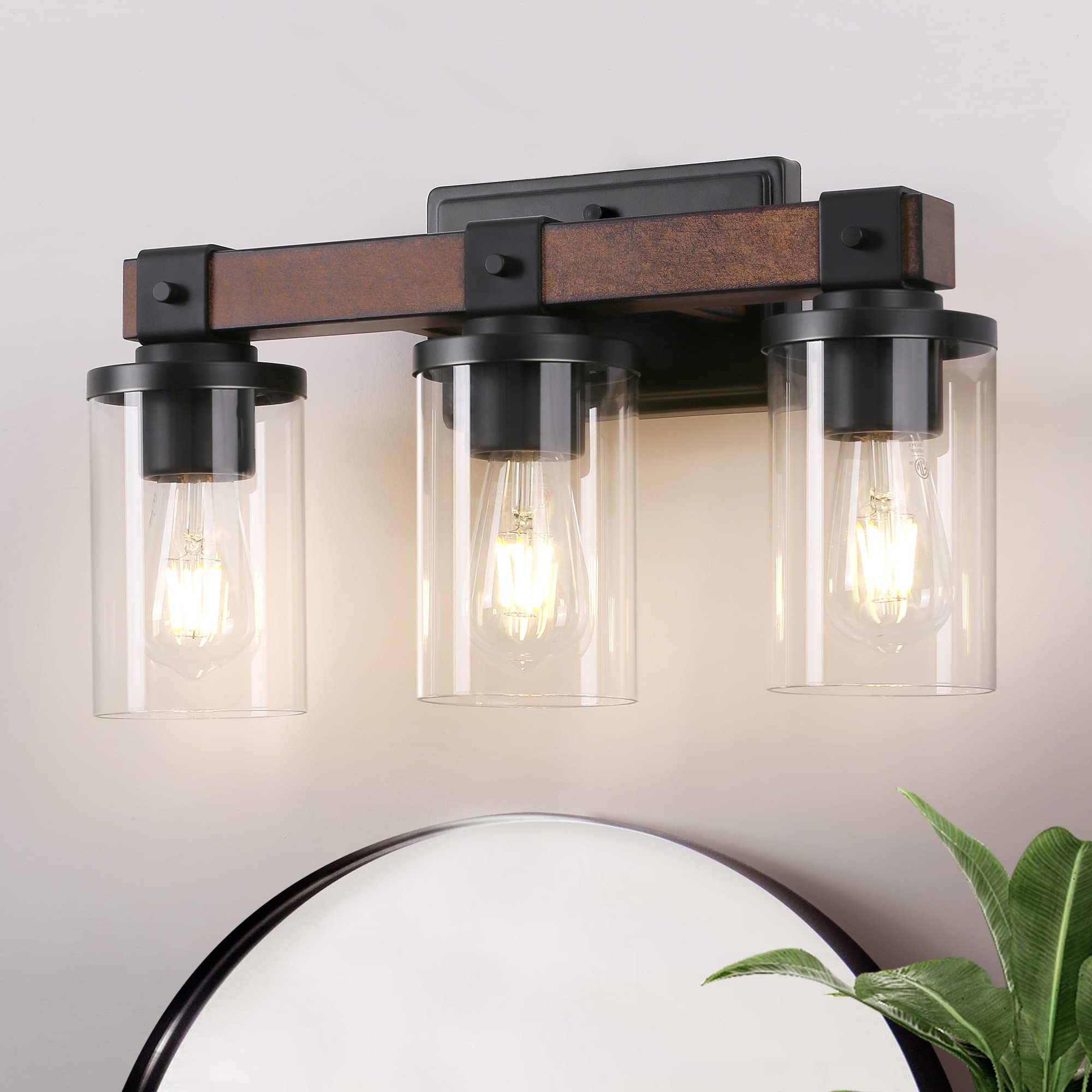 Farmhouse Vanity Lights for Bathroom - 3-Light Wall Sconce with Clear Glass Shades, E26 Base - Perfect for Bathroom Mirror, Vanity Table & Living Room Lighting Decor
