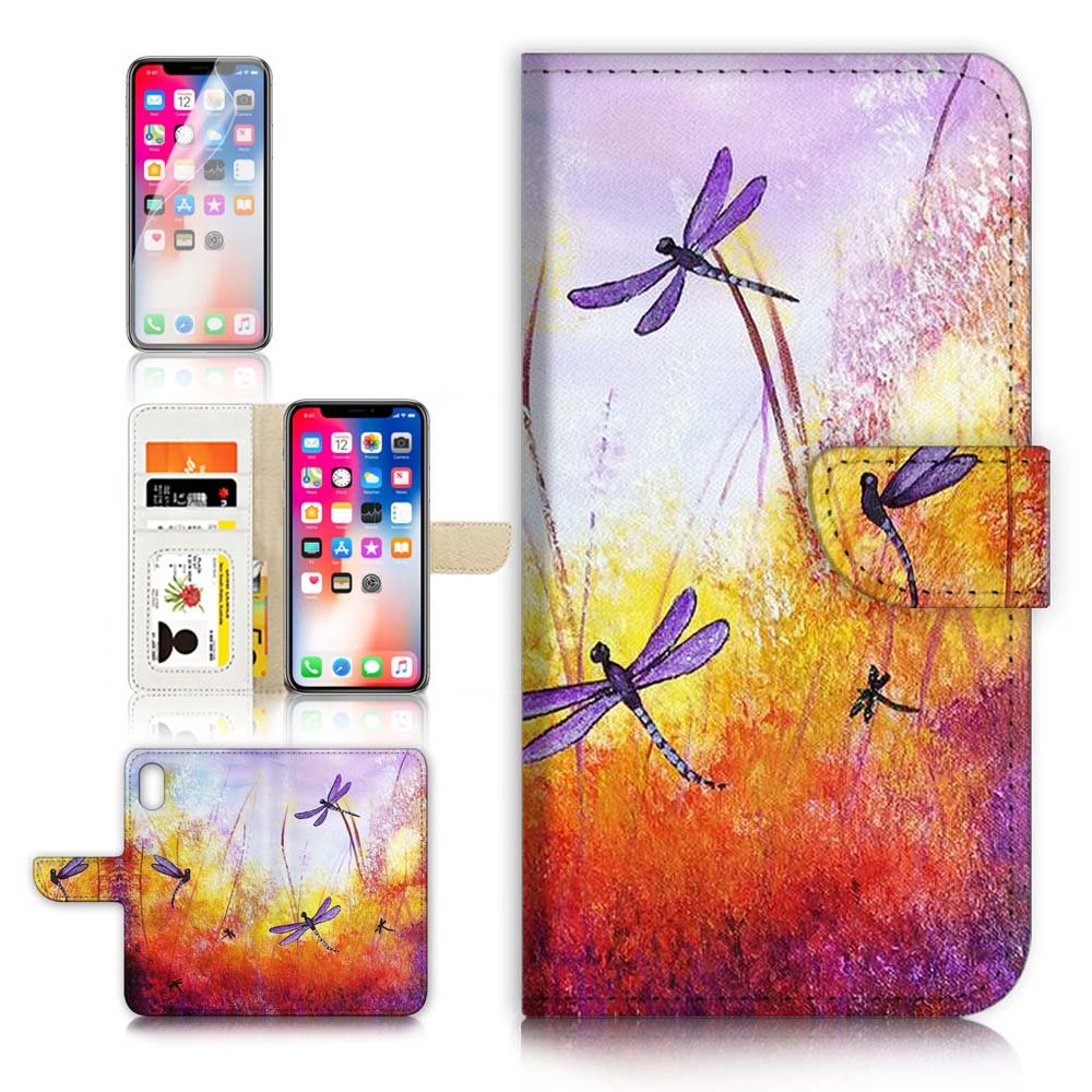 iPhone XR Wallet Case with Screen Protector - Purple Dragonfly for Daily Protection