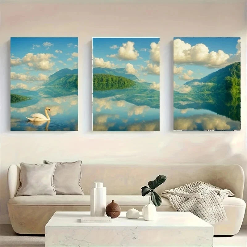 3-Piece White Swan Swimming in Clouds Metal Wall Art - Ready to Hang Home Decor for Living Room, Bedroom & Office