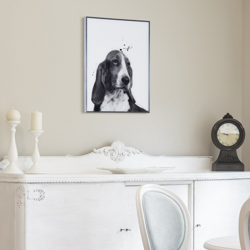 Basset Hound Black and White Dog Wall Art - Reverse Printed Glass with Gunmetal Frame - Perfect for Living Room, Bedroom or Office Decor