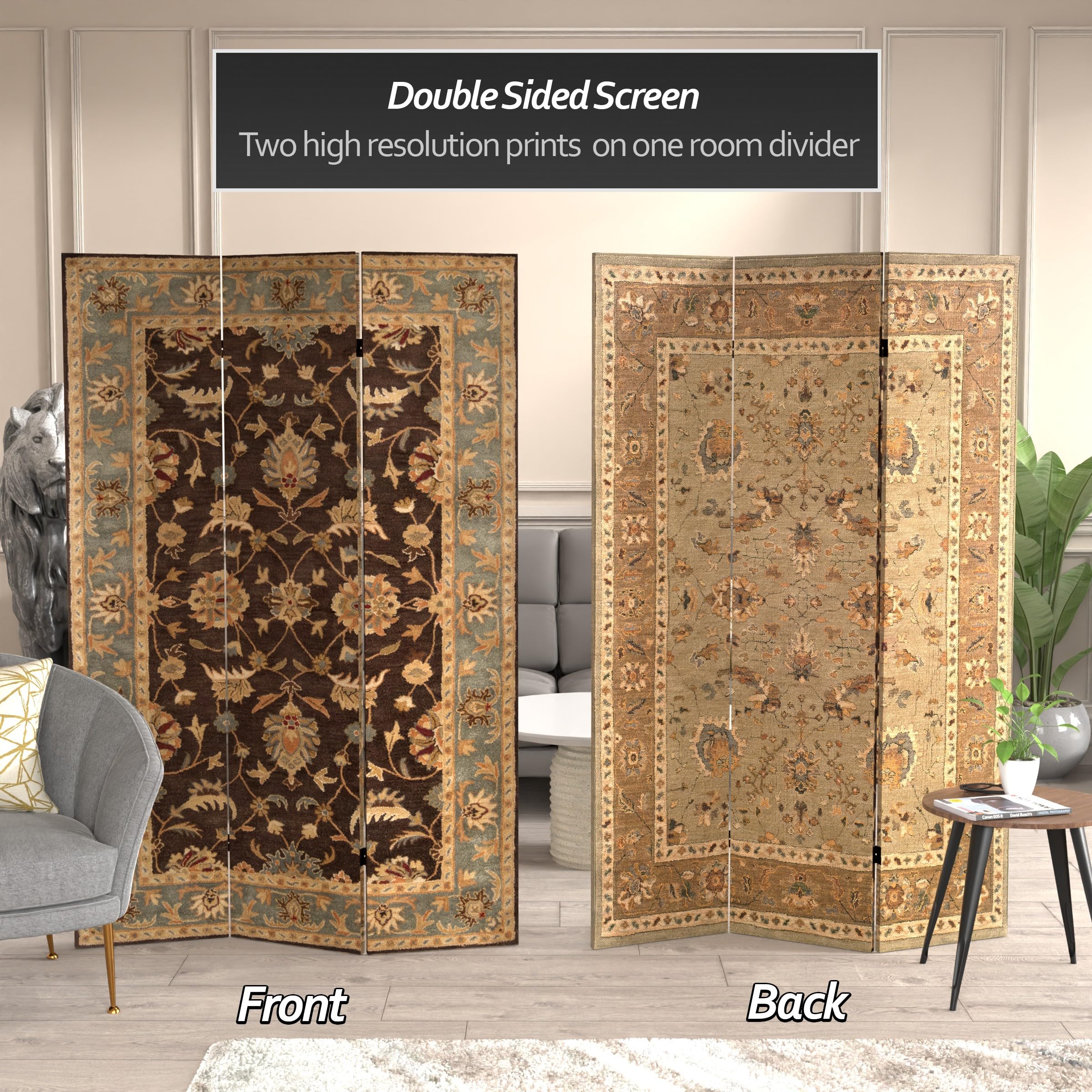 6 ft. Tall Red Lantern Double-Sided Persian Rug Canvas Room Divider - Beige Handmade Partition Screen for Living Room, Bedroom, and Office Decor