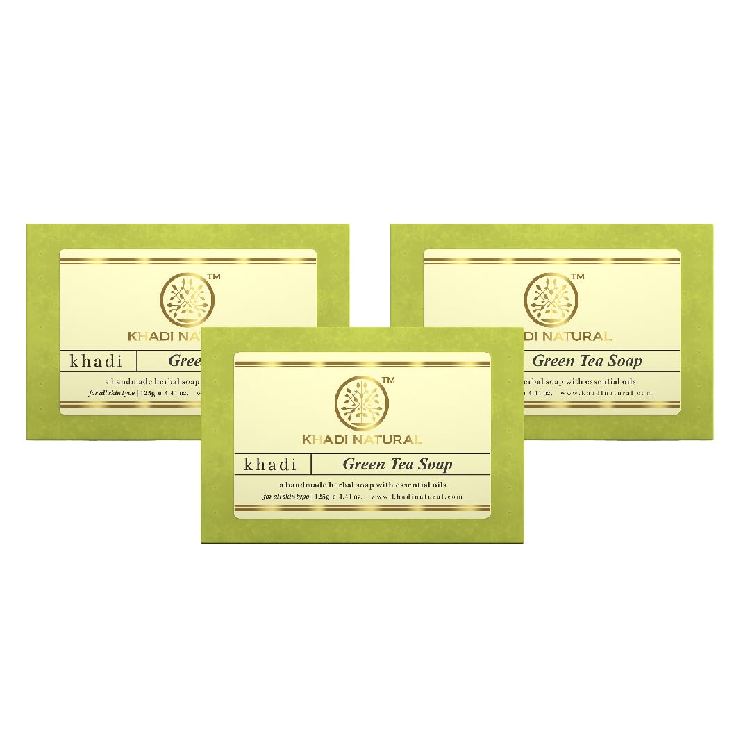 Khadi Natural Green Tea Soap | Organic Herbal Handmade Soap for Acne & Skin Rejuvenation | All-Natural Bath Bar for Face & Body | Suitable for All Skin Types | Pack of 3 (125g Each, Total 375g) | Perfect for Daily Skincare Routine & Spa Relaxation