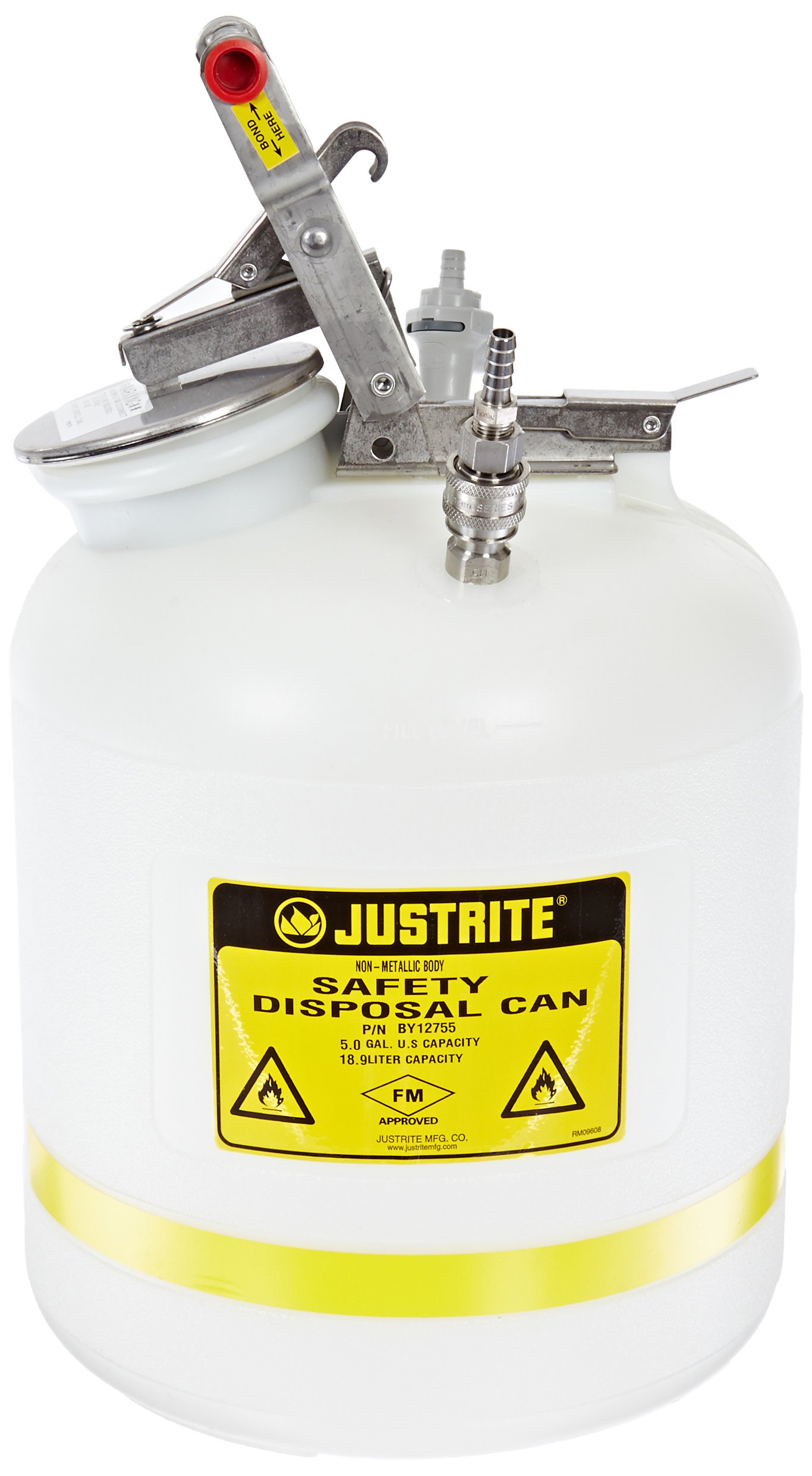 Justrite BY12755 5 Gallon Centura Disposal Polyethylene Safety Can with Stainless Steel PTFE Quick-Disconnect Fitting - Ideal for Workshop, Garage & Industrial Chemical Storage
