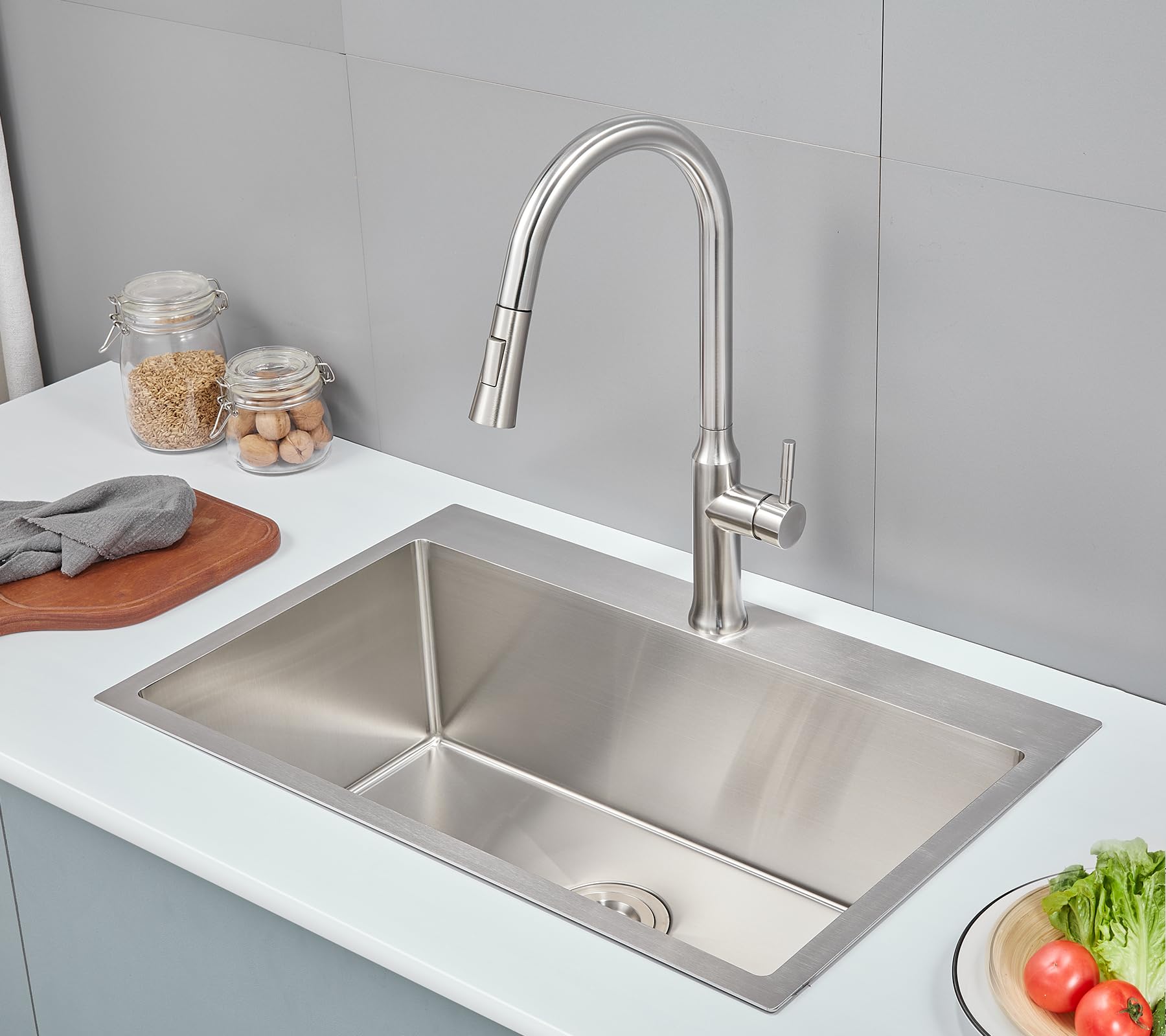 POPFLY 28×20 Inch Drop In SUS 304 Stainless Steel Kitchen Sink - 9 Inch Deep Single Bowl Top Mount Sink with Brushed Nickel Finish | Perfect for Modern Kitchens, Remodeling & Small Space Homes