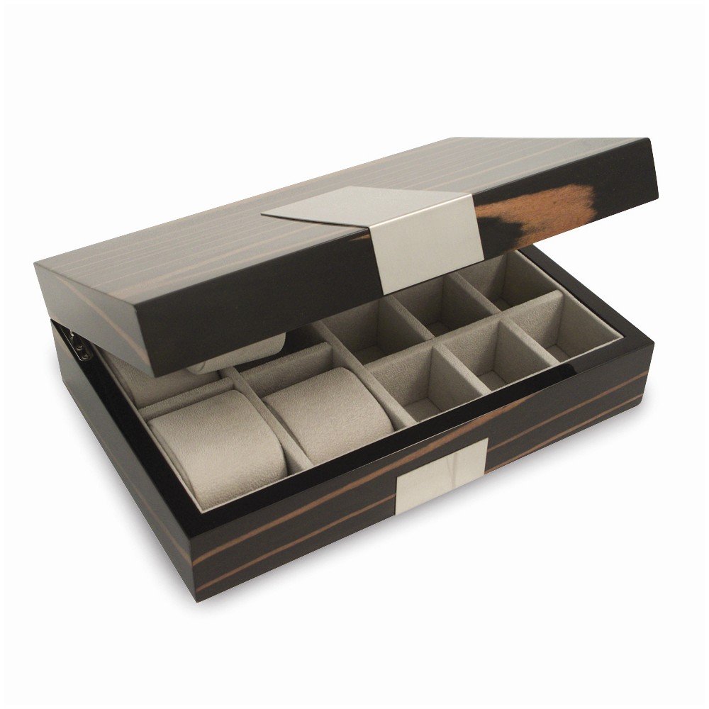 Sonia Jewels Solid Ebony Burl Wood Watch and Cufflinks Gift Box Set - 11.75