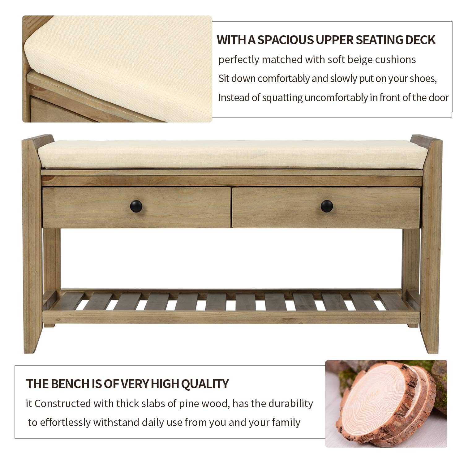 Danxee Shoe Storage Bench with Cushioned Seat - Entryway Organizer with 2 Drawers & Shelves - Multi-Functional Storage Ottoman for Bedroom, Living Room, Hallway (Gray Wash) - Perfect for Small Spaces & Home Organization