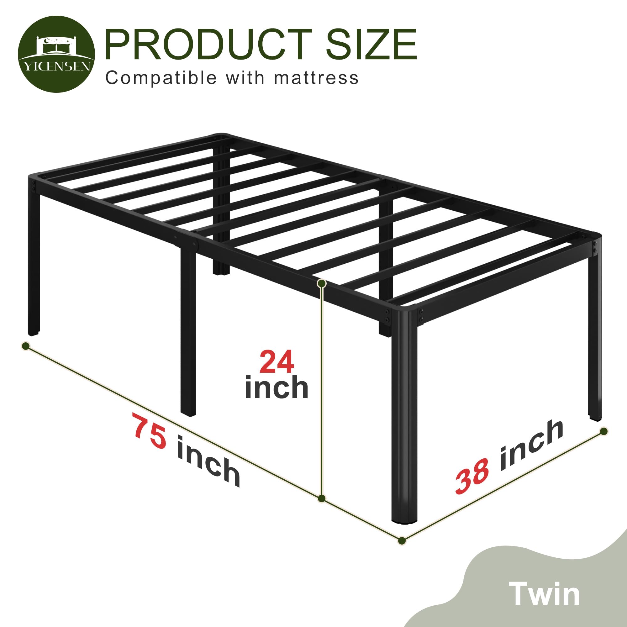 24 Inch High Twin Bed Frame with Rounded Corner Legs - Heavy Duty Metal Platform Bed Frame, No Box Spring Needed - Easy Assembly, Noise Free, Black - Perfect for Kids Rooms, Guest Beds & Small Spaces