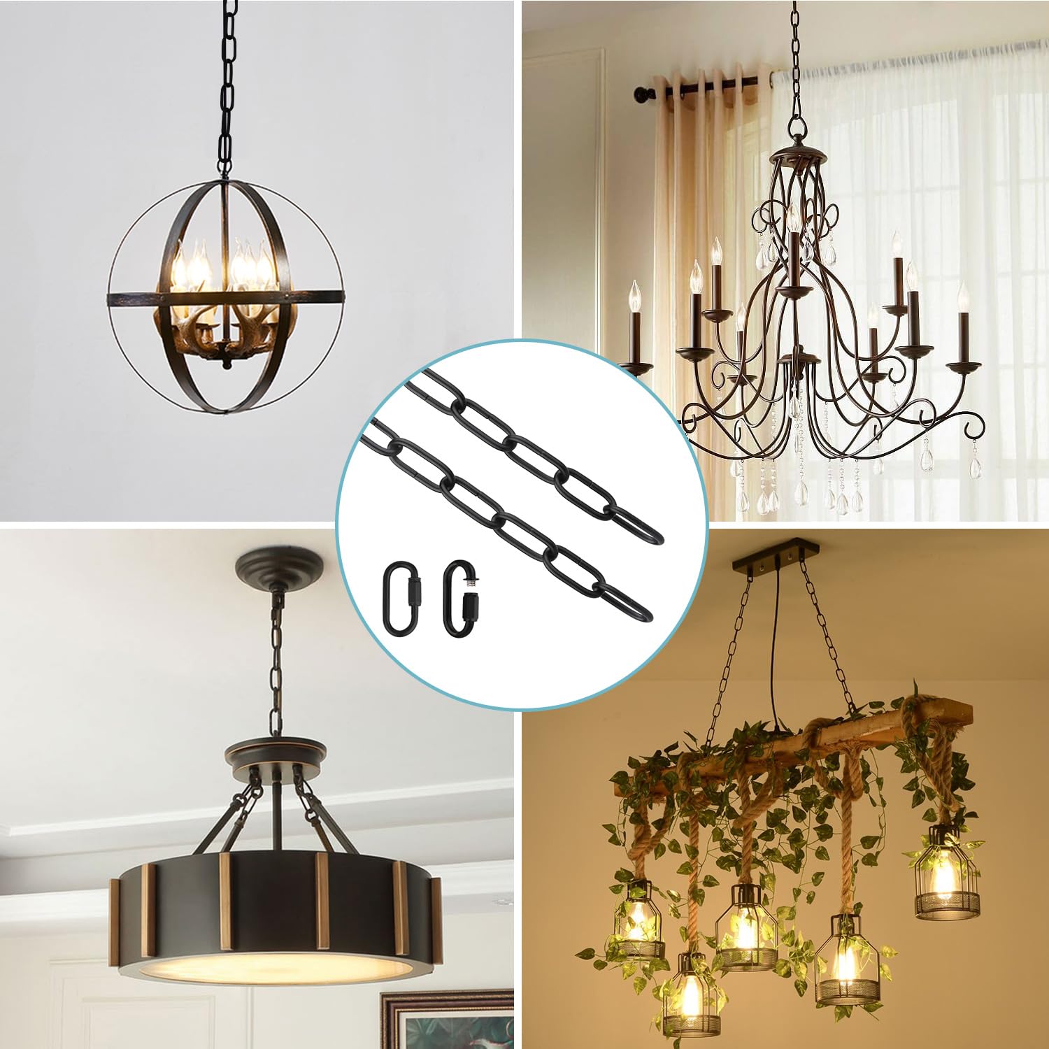 Helunsi 6 Feet Black Metal Chandelier Chain - Heavy Duty Hanging Light Fixture with Link Lock for Ceiling Pendant Lamps | Perfect for Home Decor, Bedroom Lighting & Dining Room Chandelier Extension