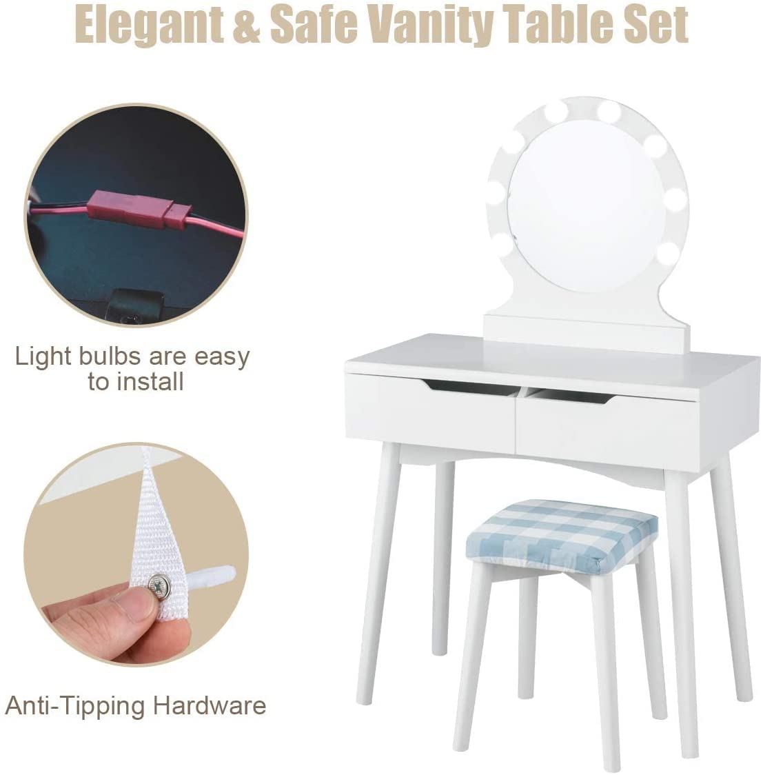 Byroce Vanity Table Set with Round LED Lighted Mirror, Makeup Dressing Table with 8 Adjustable Bulbs & Touch Switch, White Bedroom Makeup Desk for Girls, Includes Cushioned Stool & 2 Spacious Drawers - Perfect for Home Beauty Salon & Bedroom Decor
