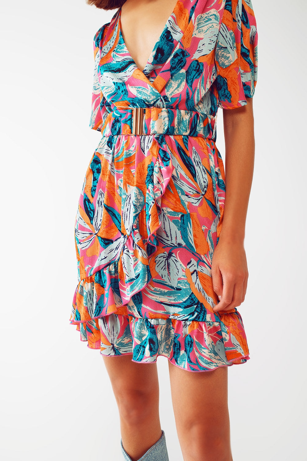 Floral Print Orange Wrap Belted Short Robe - Lightweight Kimono for Women, Lounge Wear, Spa & Beach Cover-Up