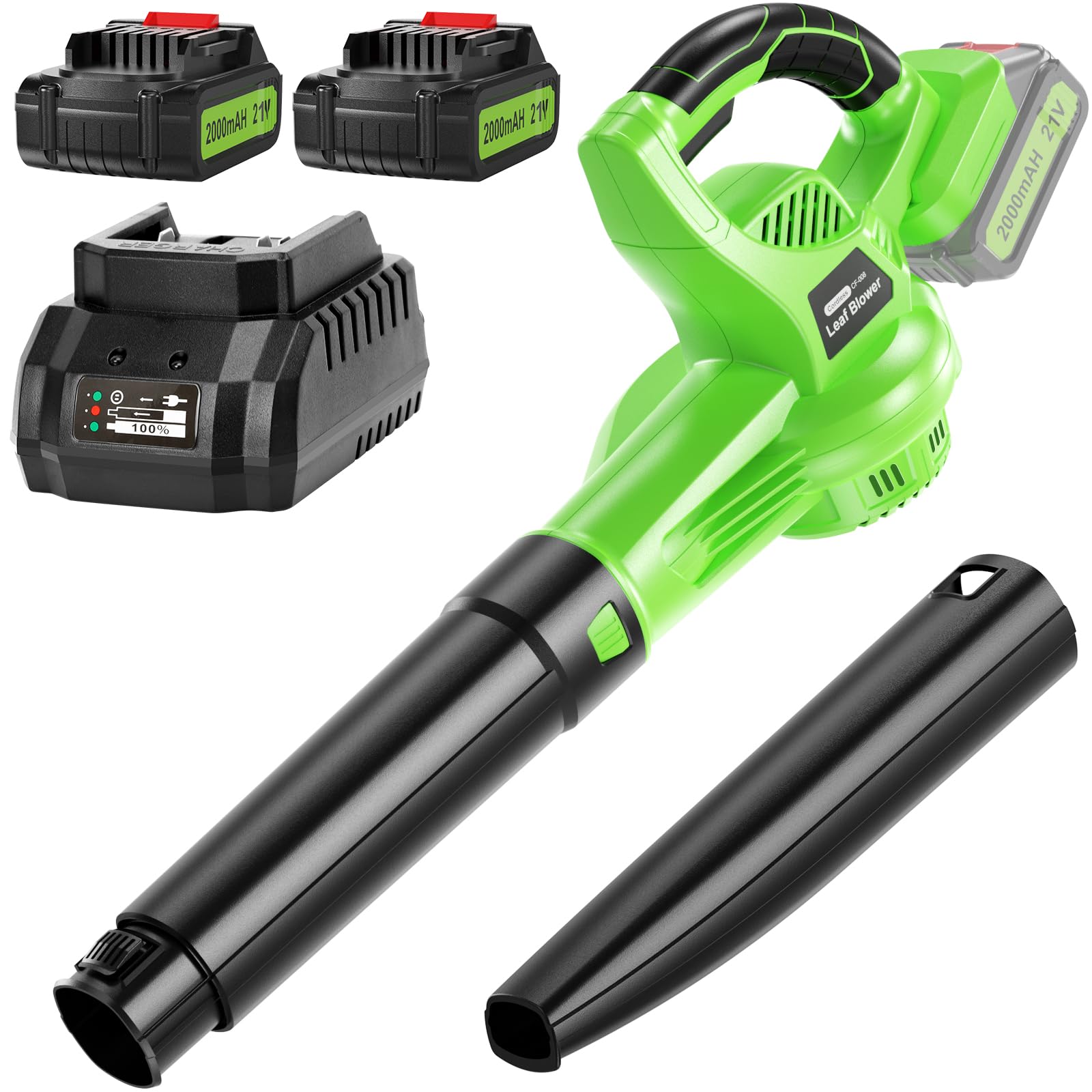 21V Cordless Leaf Blower with 2 Batteries & Charger - 160MPH 350CFM High-Speed Electric Blower, 2 Extension Tubes, Lightweight Battery-Powered for Lawn Care, Patio Cleaning, Snow Removal & Yard Maintenance - Perfect for Fall Leaves, Driveway Debris & Winter Snow Clearing