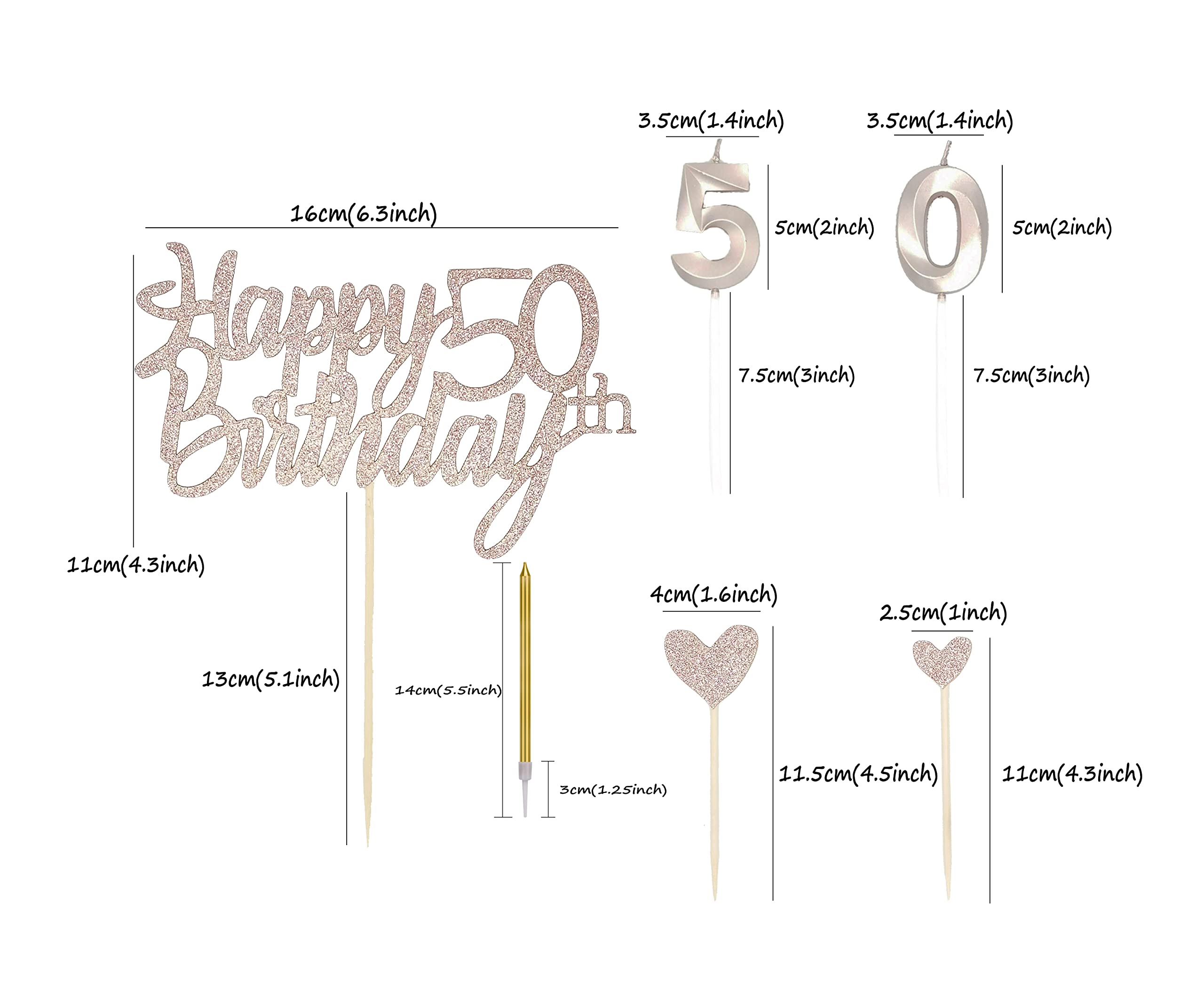 50th Birthday Cake Topper Set - Number 50 Candles, Heart Cupcake Toppers & Cake Decorations (17-Piece) for 50th Anniversary Party | Perfect for Milestone Celebrations, Retirement Parties & Golden Jubilees