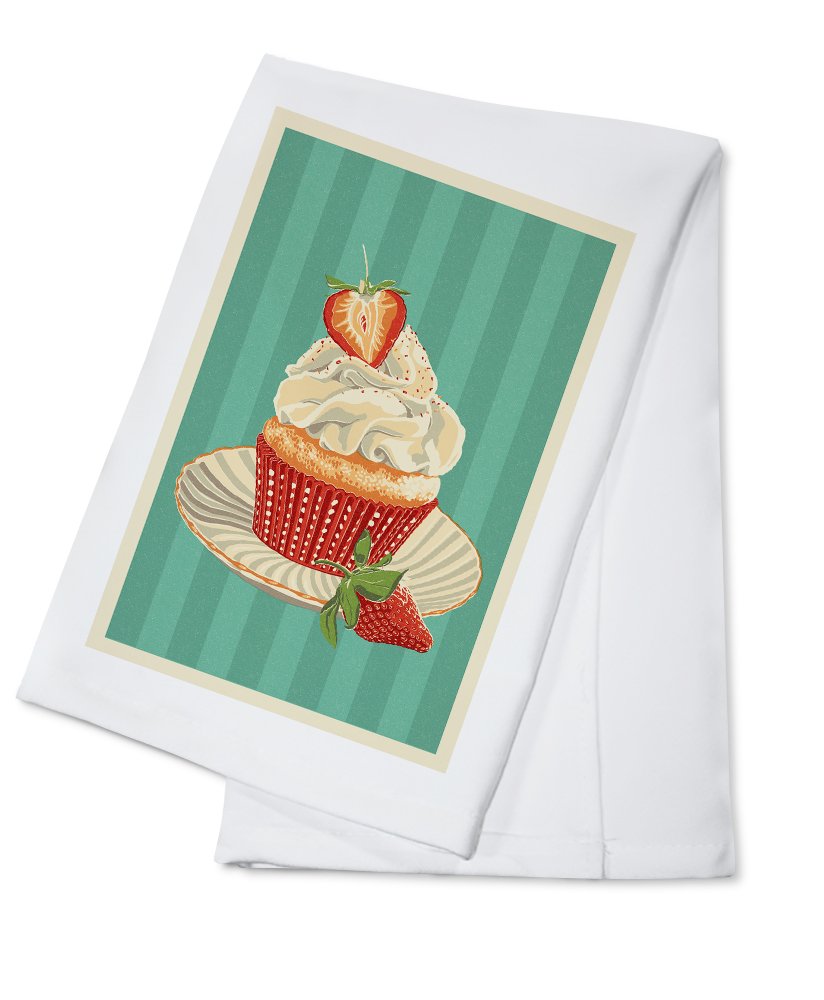 Letterpress Cupcake & Strawberry 100% Cotton Tea Towel - Decorative Hand Towel for Kitchen, Bathroom & Home Decor | Perfect for Baking, Hosting & Gift Giving