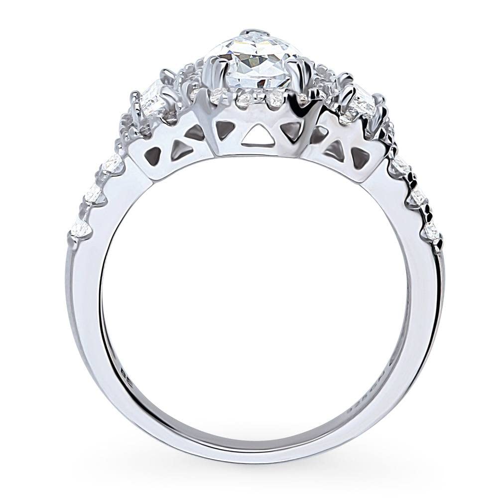 BERRICLE Sterling Silver 3-Stone Pear Cut Cubic Zirconia Engagement Ring for Women - 1.3 Carat CZ Halo Wedding Ring, Rhodium Plated Size 4-10 - Perfect for Proposals, Anniversaries & Special Occasions